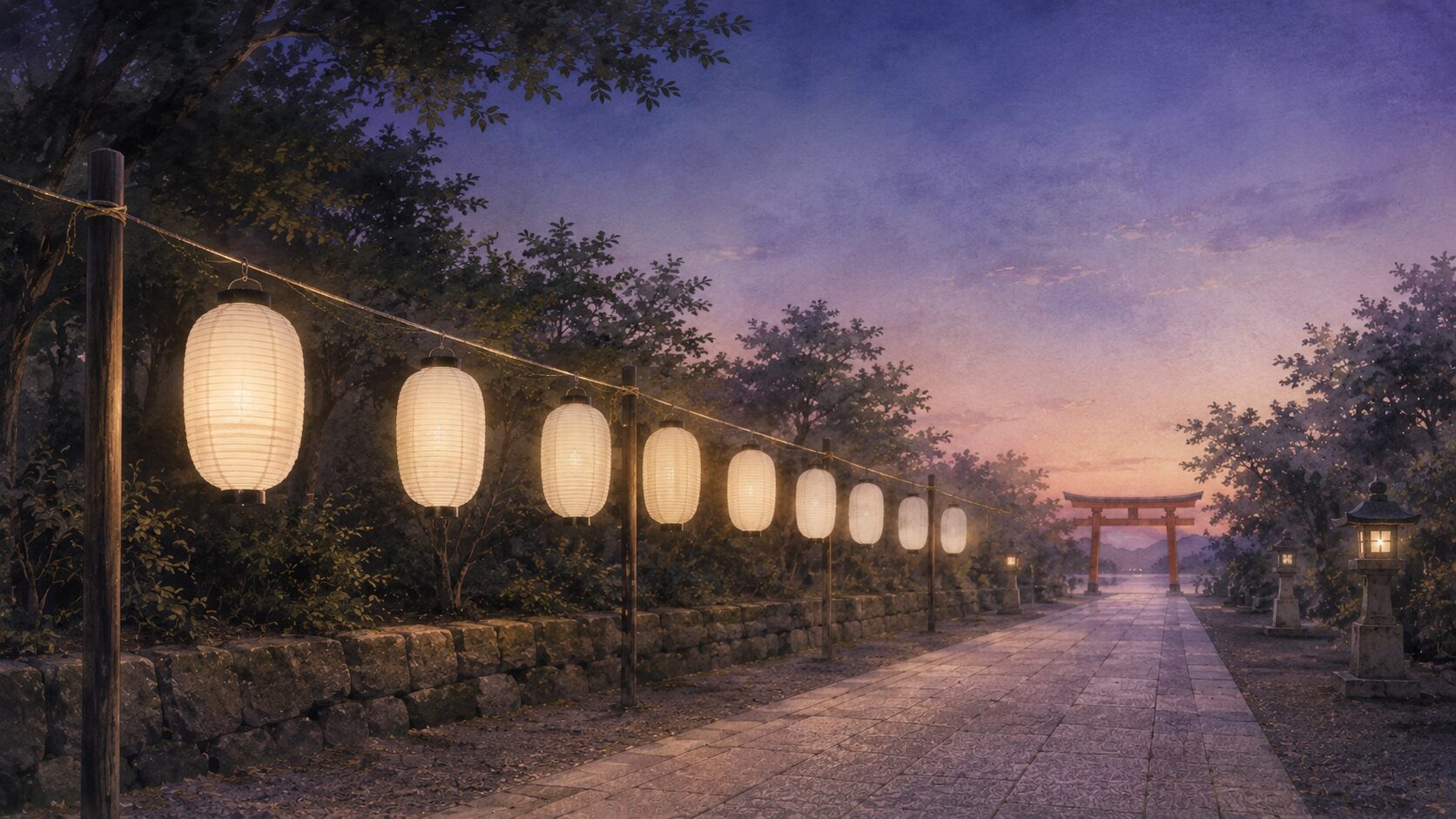 夏の夕暮れ、神社の参道脇に張られた縄に白い盆提灯が約 8 基連なって灯る painterly な情景。奥に朱色の鳥居がぼんやり見え、空は淡い藍色から紫のグラデーション。参道は静かで人影なし。みたままつりの夏の境内の風景を象徴する画像