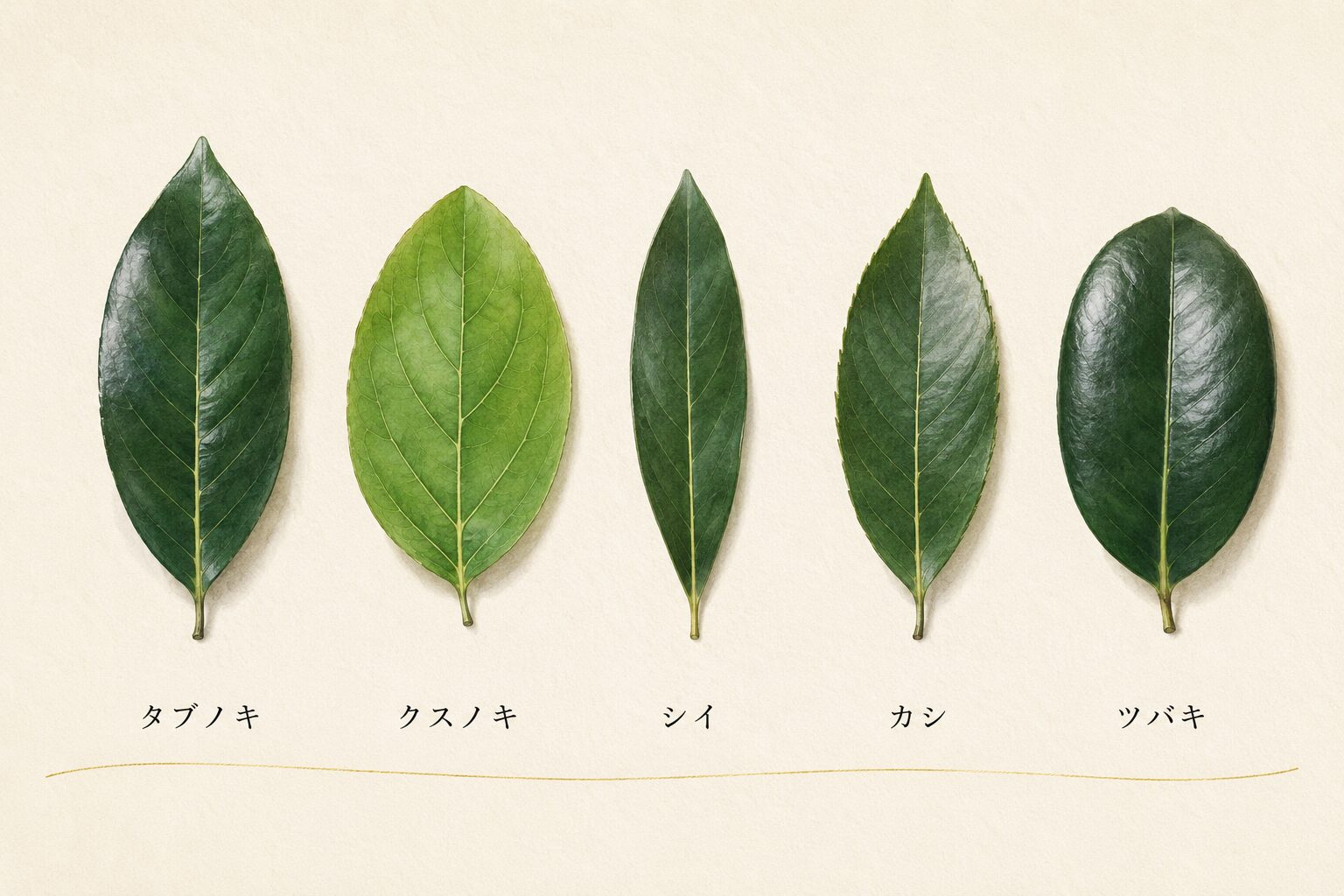 ivory washi 背景に painterly な 5 種類の常緑広葉樹の葉が横並びで配置、左から順にタブノキ（細長い葉、つやのある濃緑）、クスノキ（卵形の葉、明るい緑）、シイ（細長い楕円形の葉）、カシ（先の尖った楕円形の葉）、ツバキ（厚みのある楕円形の葉、深い濃緑）、それぞれの葉の下に小さな日本語ラベル「タブノキ」「クスノキ」「シイ」「カシ」「ツバキ」。鎮守の森の照葉樹林を構成する代表的樹種を象徴