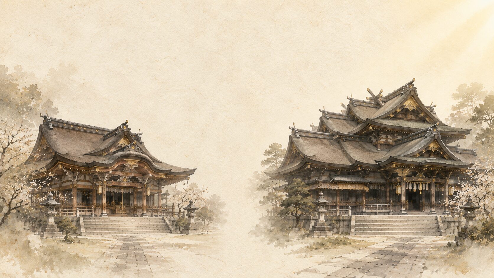 ivory washi 背景に painterly な2つの天満宮本殿のシルエット、左に太宰府天満宮（桃山様式）、右に北野天満宮（八棟造）の painterly な並列構図、天神信仰の二大拠点を象徴