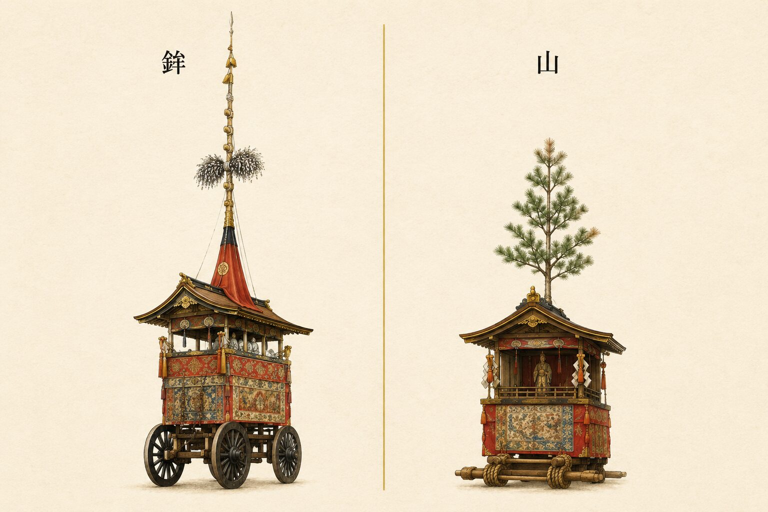 ivory washi 背景に painterly な 2 領域分割の図解、左半分：1 基の鉾（真木が天に伸び、車輪が下にあり、屋根の上に鉾頭のシルエット）+ 上に小さな日本語ラベル「鉾」、右半分：1 基の山（屋根の上に松の木が立ち、御神体人形のシルエットが小さく見える、舁き山風の小型構造）+ 上に小さな日本語ラベル「山」、中央に細い金の縦線で領域分け。山と鉾の構造的違いを図解