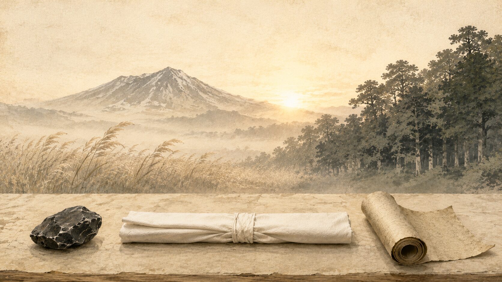 ivory washi 背景に painterly な火打石・布で包まれた直刀・古い和紙の巻物の静物配置、背景に painterly な萱原と尾張の杜が重なる構図、ヤマトタケル東征の伝承を象徴