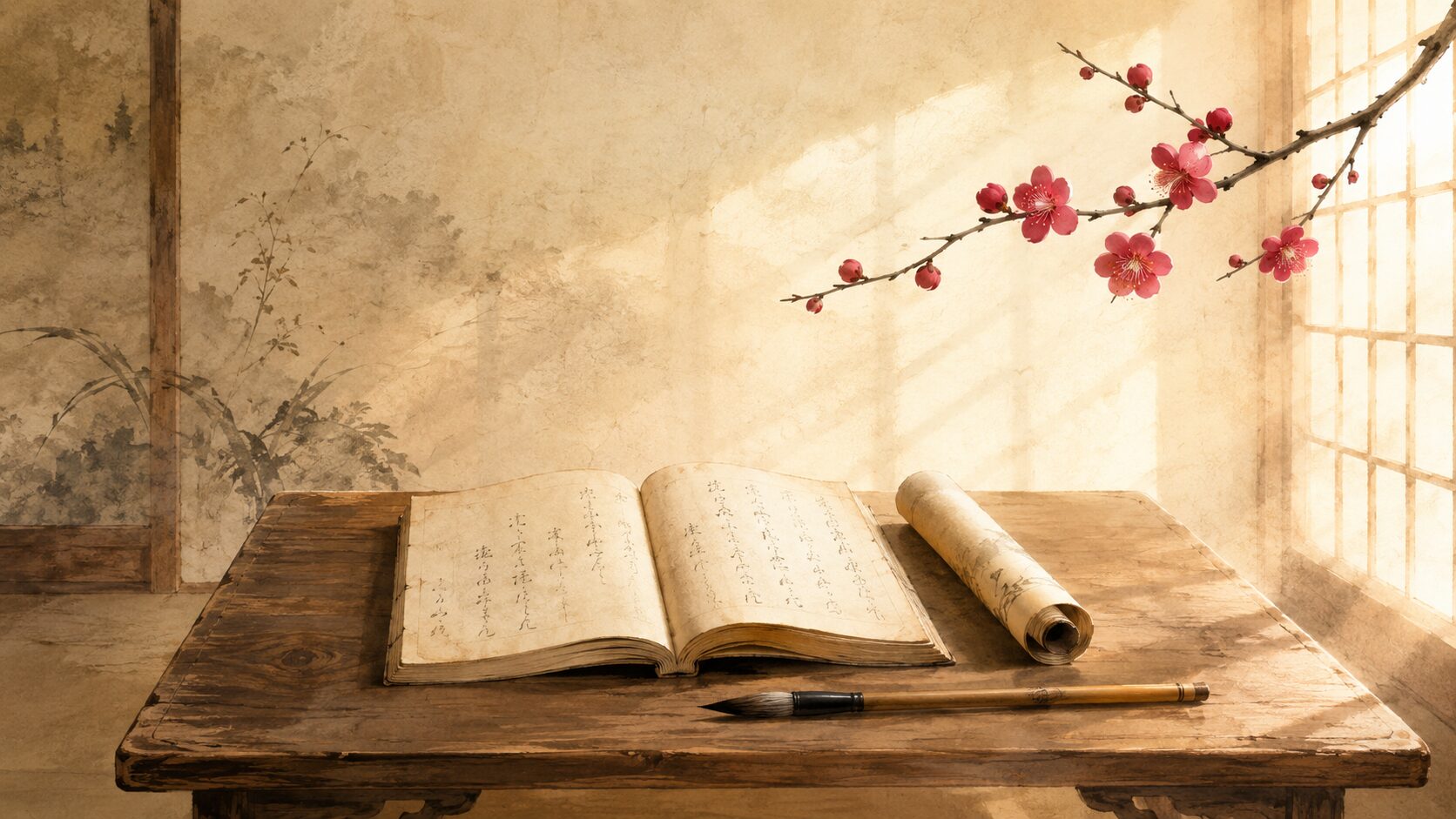 ivory washi 背景に painterly な木の机、筆と和本、半開きの巻物、添えた紅梅の枝が並ぶ寺子屋風の静物構図、江戸時代以降の学問の神信仰の定着を象徴