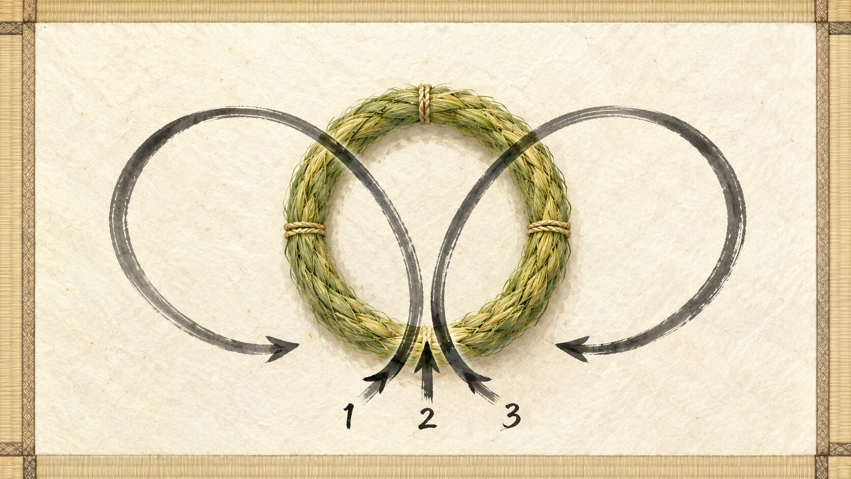 茅の輪くぐりの3ステップ(1.左回り→2.右回り→3.左回り)を平面図で painterly に視覚化した図解。8の字を描く動線で正しい順序を表現