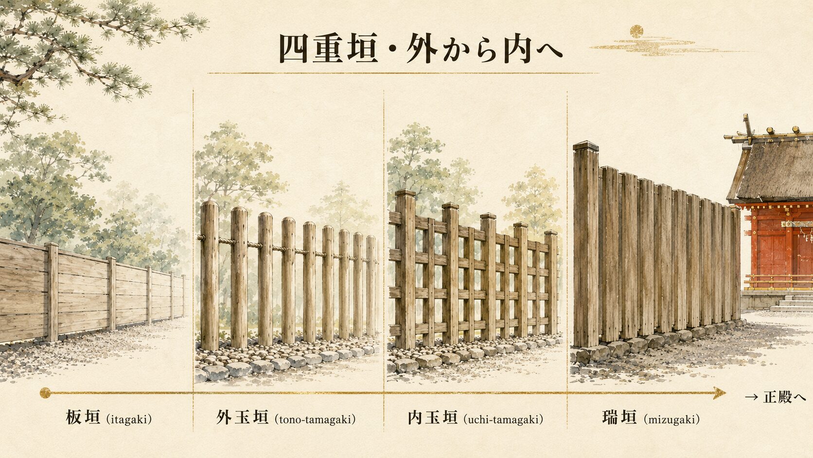 伊勢神宮の4つの垣根を外側から内側へ順に並べた水平断面風の painterly 図、各垣の素材（板・丸太・角材・密集板）の違いが描き分けられ、各層に名称ラベル