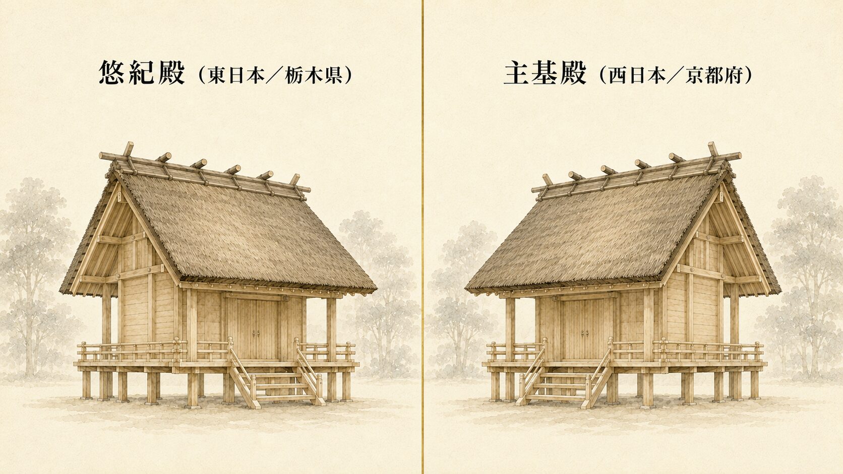 皇居東御苑に造営された大嘗宮の悠紀殿（東日本/栃木県）と主基殿（西日本/京都府）が左右対称に建つ構図。一世一代の特別な新嘗祭を象徴