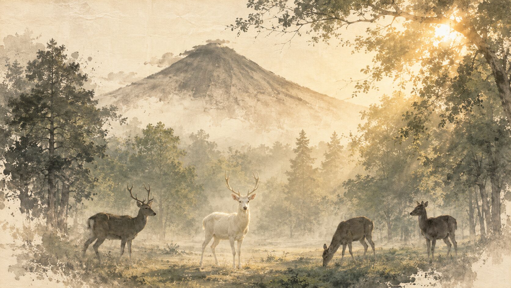 ivory washi 背景に painterly な御蓋山と奈良公園、朝の光のなかに painterly な野生鹿数頭（うち1頭は白鹿）が静かに佇む構図、武甕槌命の白鹿伝承と神使としての鹿を象徴