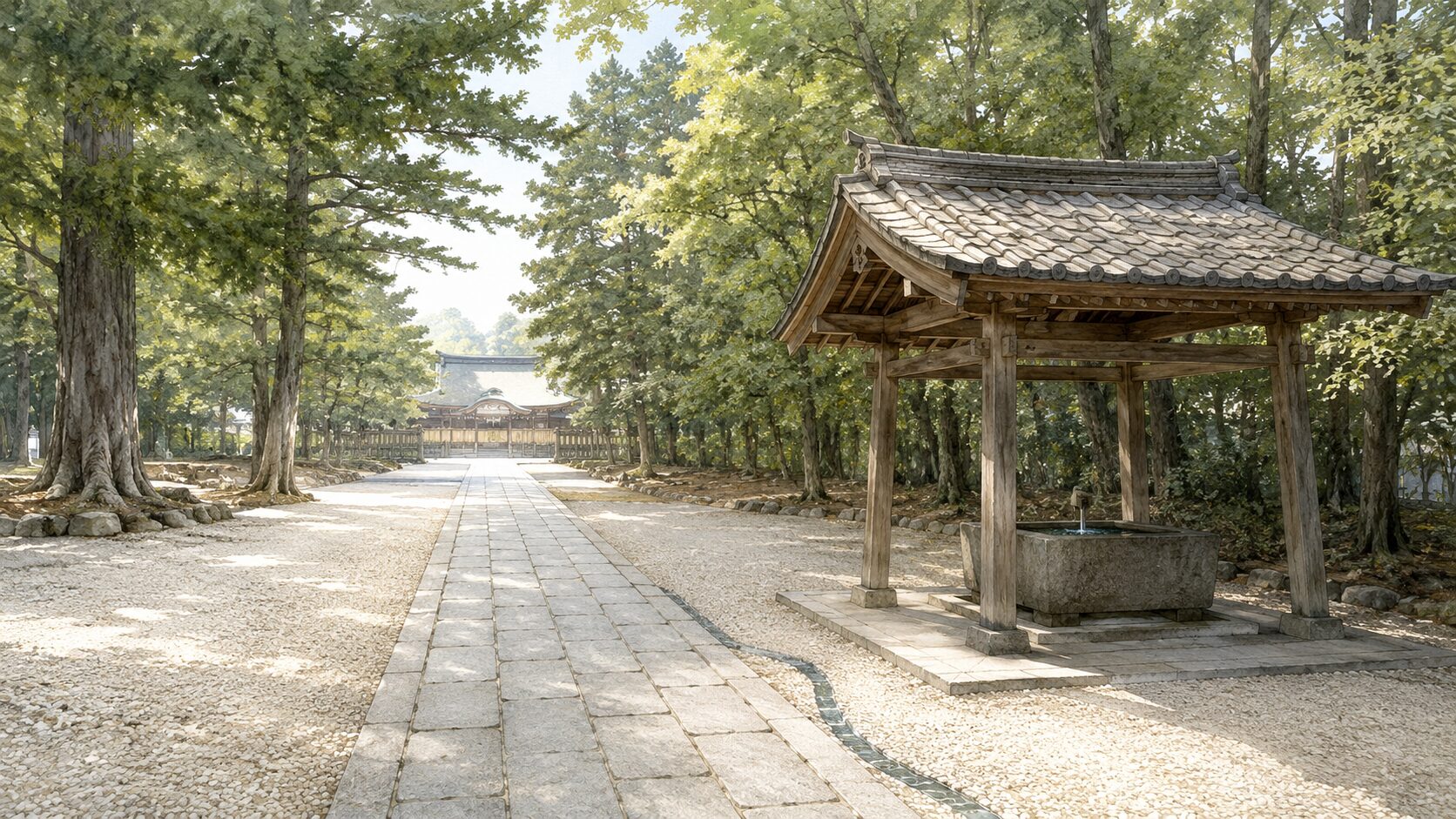 ivory washi 背景に painterly な神社参道の遠景。手前から奥への参道、右側に手水舎、奥に拝殿の屋根、両側の鎮守の森。参道から手水舎を経て拝殿へ向かう動線を象徴