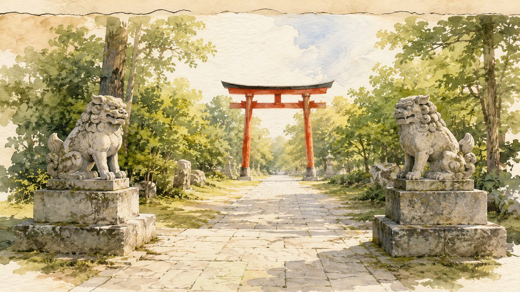 ivory washi 背景に painterly な江戸期参道風景のイラスト。手前から奥への石畳参道、両側に石製狛犬一対、奥に朱鳥居、両側の鎮守の森、上空に絵巻の端。江戸時代の屋外石製狛犬の世界観を象徴