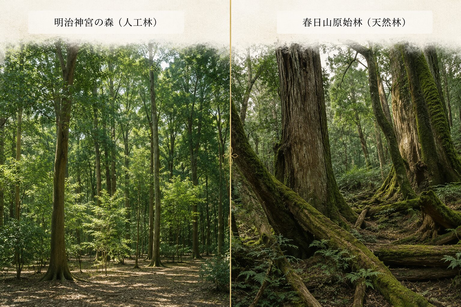 ivory washi 背景に painterly な左右 2 領域の風景画、左半分：明治神宮の人工林を象徴する 100 年経過した若々しい常緑広葉樹の樹相（整った林床と多様な高さの樹々）、上に小さな日本語ラベル「明治神宮の森（人工林）」、右半分：春日山原始林を象徴する原生に近い古い大木が林立する樹相（巨木と倒木・苔むした樹幹）、上に小さな日本語ラベル「春日山原始林（天然林）」、中央に細い金の縦線で領域分け。日本を代表する 2 つの鎮守の森の対比を象徴