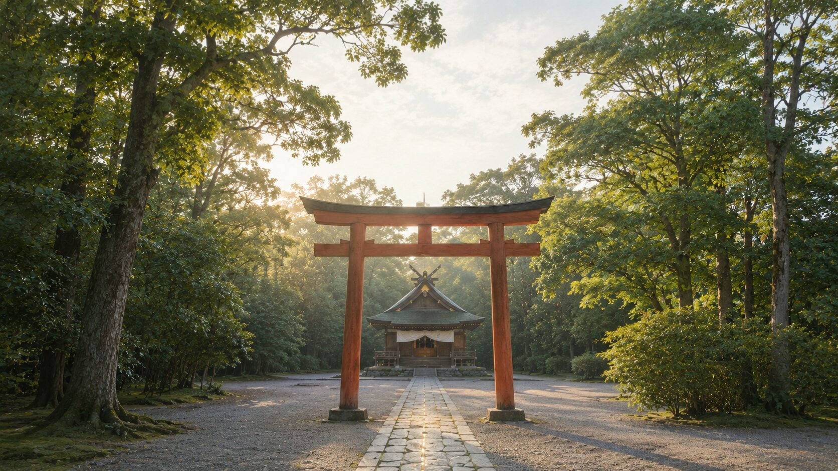 ivory washi 背景に painterly な神社の拝殿遠景。手前の朱色鳥居から拝殿へ伸びる石畳の参道、両側に鎮守の森。御祈祷を受ける神社境内の風景を象徴(人物なし)
