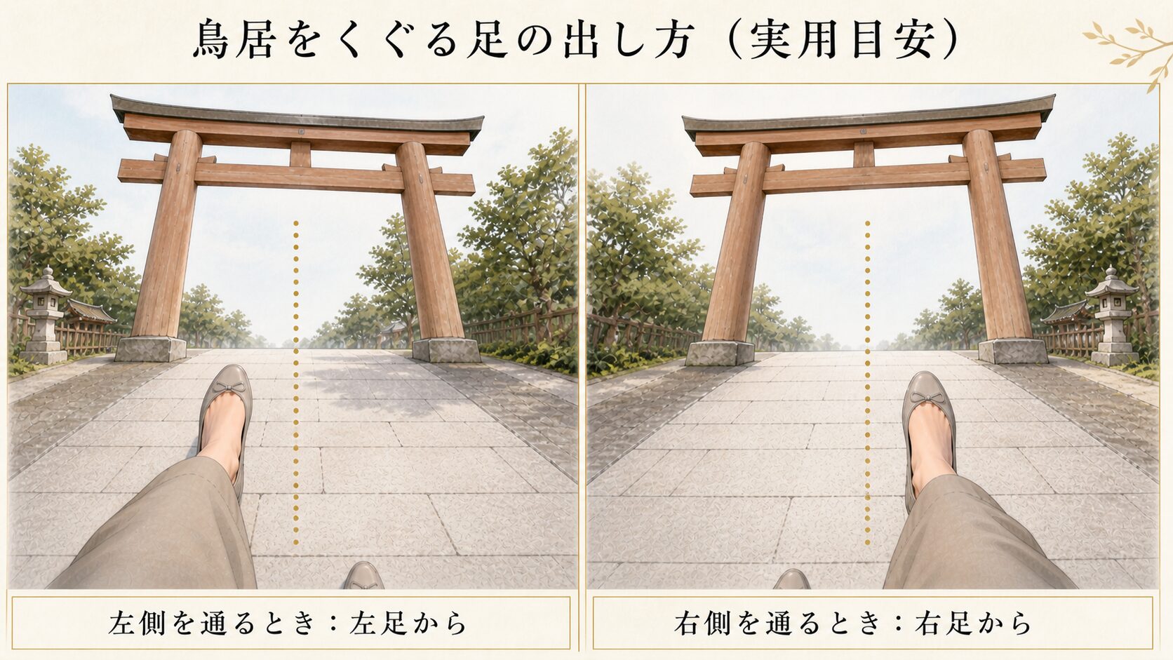鳥居をくぐる足の出し方を左右パネルで対比した図解。左側を歩くなら左足、右側を歩くなら右足から踏み出す『外足から』の実用目安を自分視点で表現