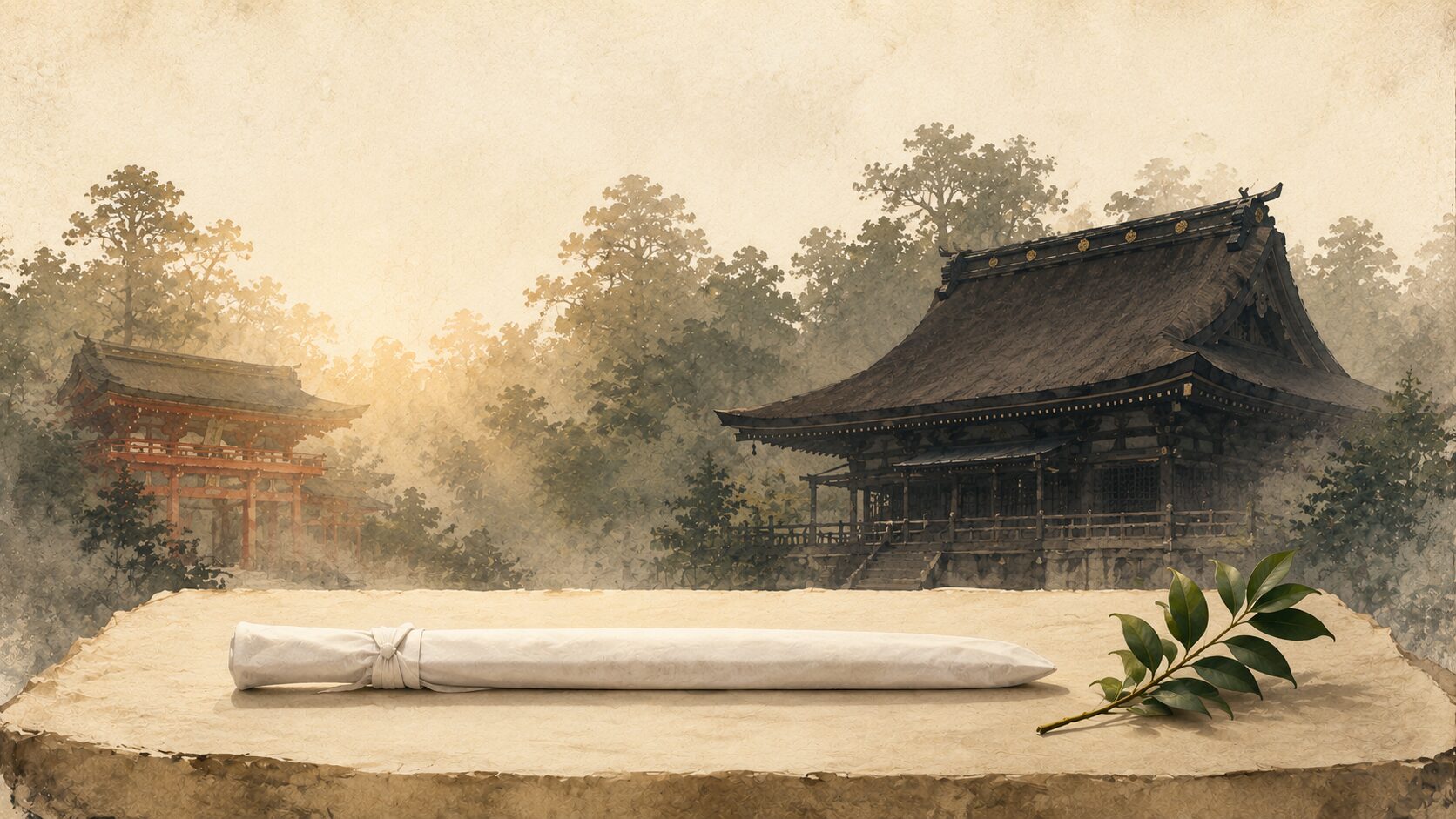ivory washi 背景に painterly な祭壇の上に布で包まれた直刀1本と榊の小枝、背景に香取神宮の黒漆塗本殿と朱塗り楼門のシルエットが遠景に浮かぶ構図、経津主大神の剣神性を象徴