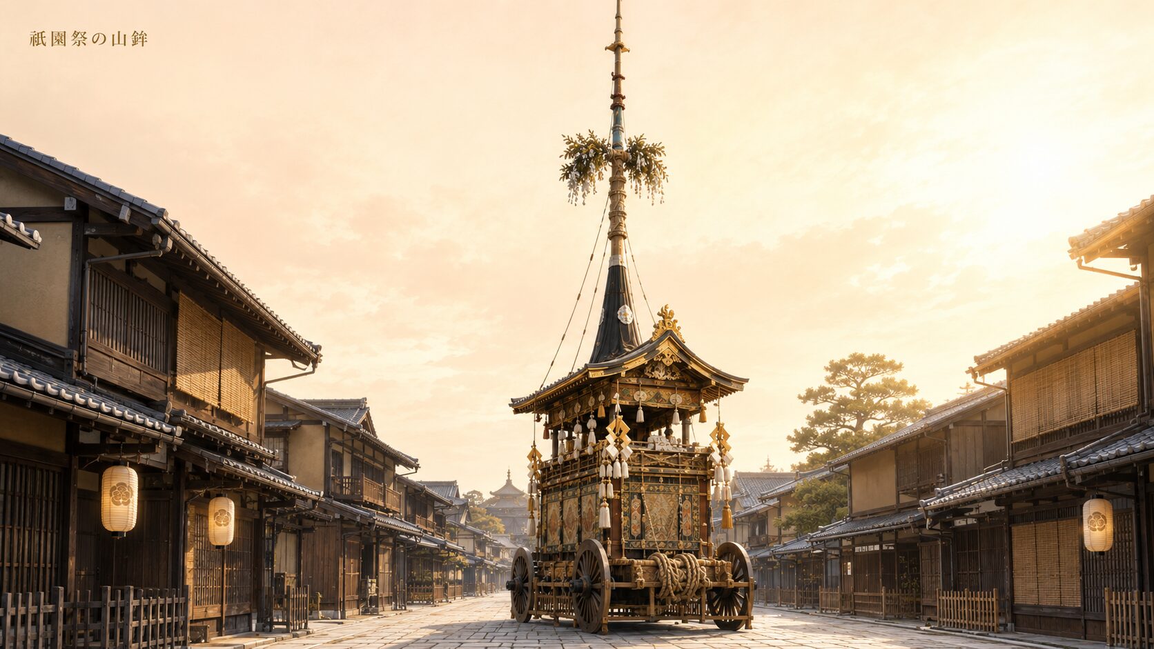 祇園祭の山鉾巡行を遠景で painterly に描いた構図。中央に山鉾一基、周囲に提灯と京都の町並みを配し、夏の青空と祭りの格調を表現