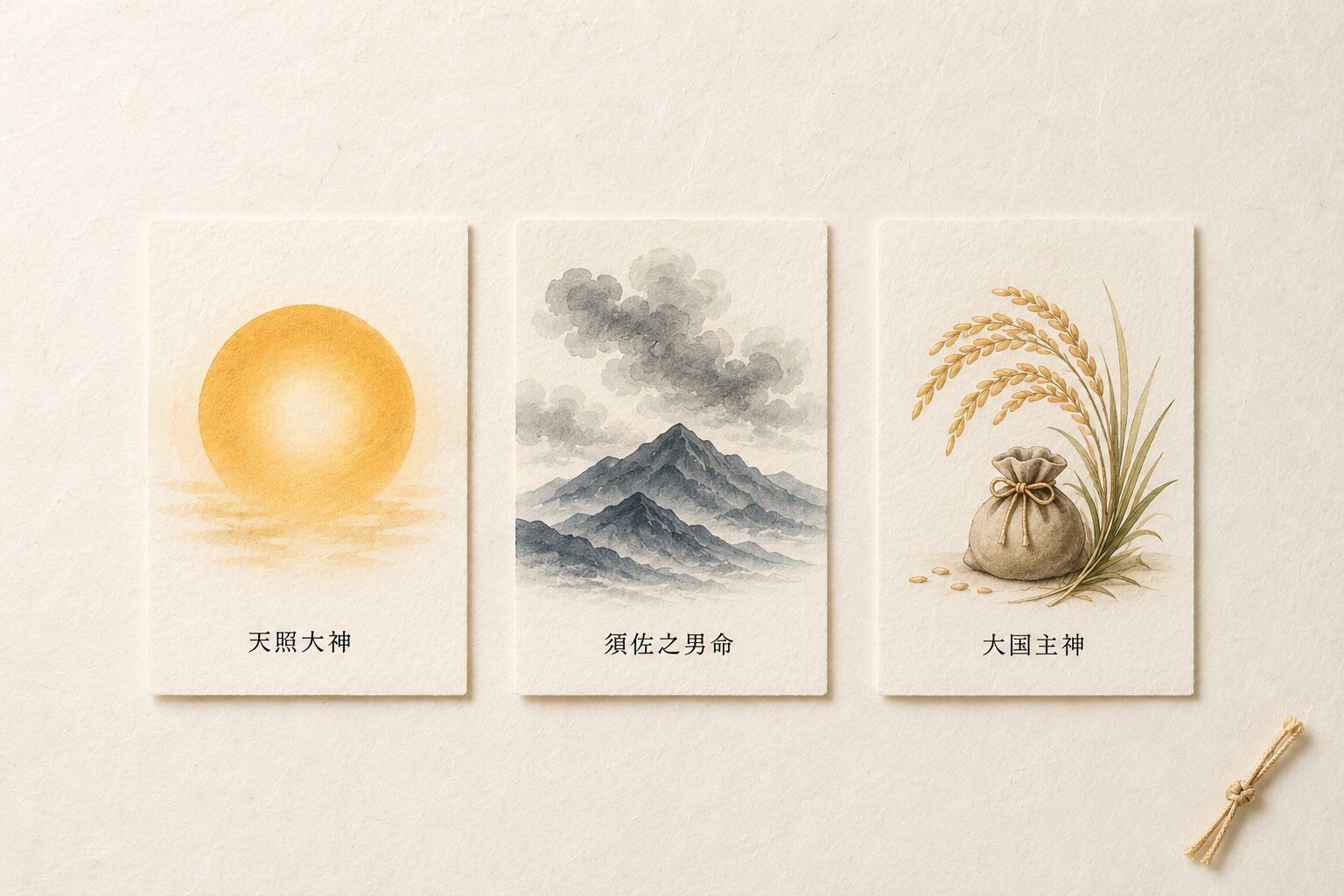 ivory washi 背景に painterly な 3 枚の和紙絵札が横並びで配置、左：太陽の円が描かれた絵札（天照大神）、中央：雲と山が描かれた絵札（須佐之男命）、右：稲穂と袋が描かれた絵札（大国主神）、それぞれの絵札下に小さな日本語ラベル。神話 3 神を象徴