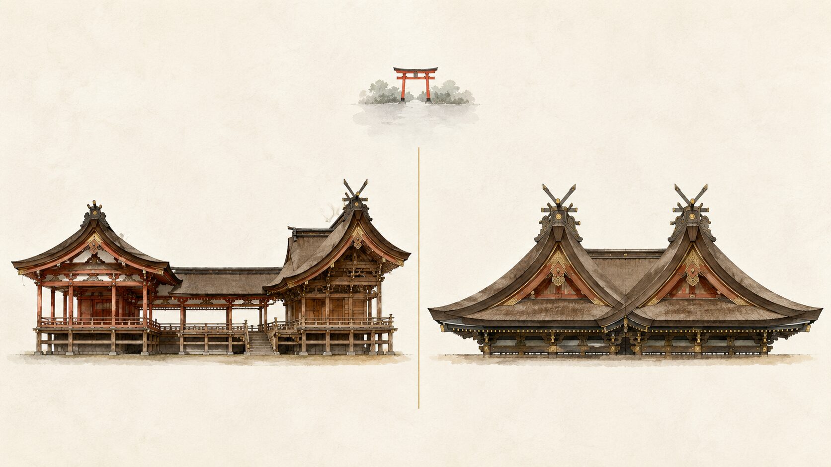 ivory washi 背景に painterly な横並び 2 領域の図解。左に権現造の側面断面(拝殿+石の間+本殿の 3 連結)、右に比翼入母屋造(入母屋造の屋根 2 つ並列)、上空に朱色鳥居遠景。複合型と珍しい様式の対比を象徴