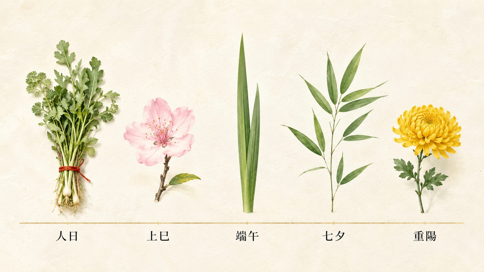 ivory washi 背景に painterly な五節句の象徴的静物。横一列に 5 つの小物が並ぶ。左から人日(七草の小束)・上巳(桃の花一輪)・端午(菖蒲の葉一枚)・七夕(笹の葉一枝)・重陽(菊の花一輪)。各小物の下には小さなラベル(人日・上巳・端午・七夕・重陽)が painterly タッチで配される