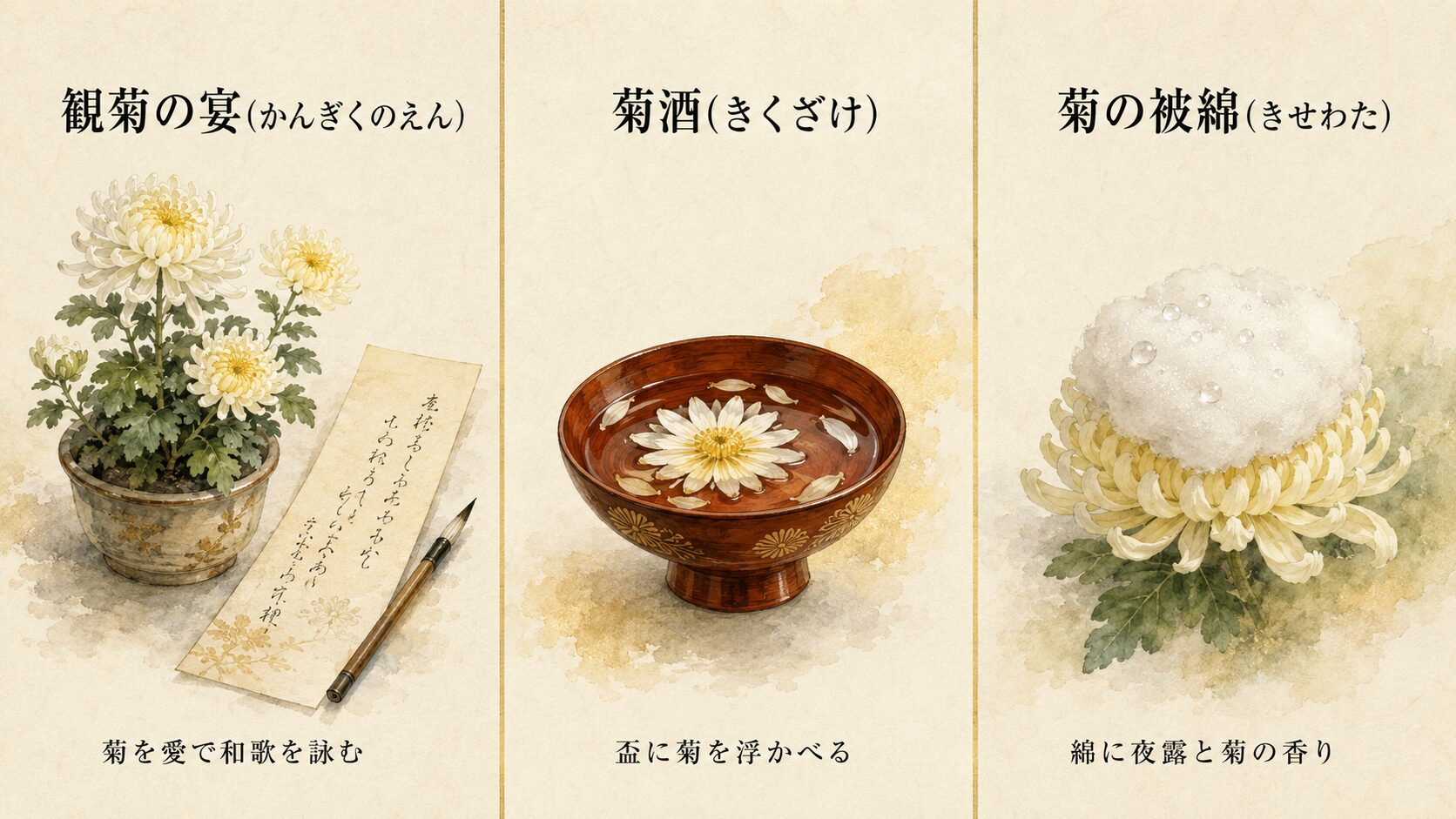 観菊の宴・菊酒・菊の被綿の3風習を3列の painterly アイコンで対比した平安宮中の風習インフォグラフィック