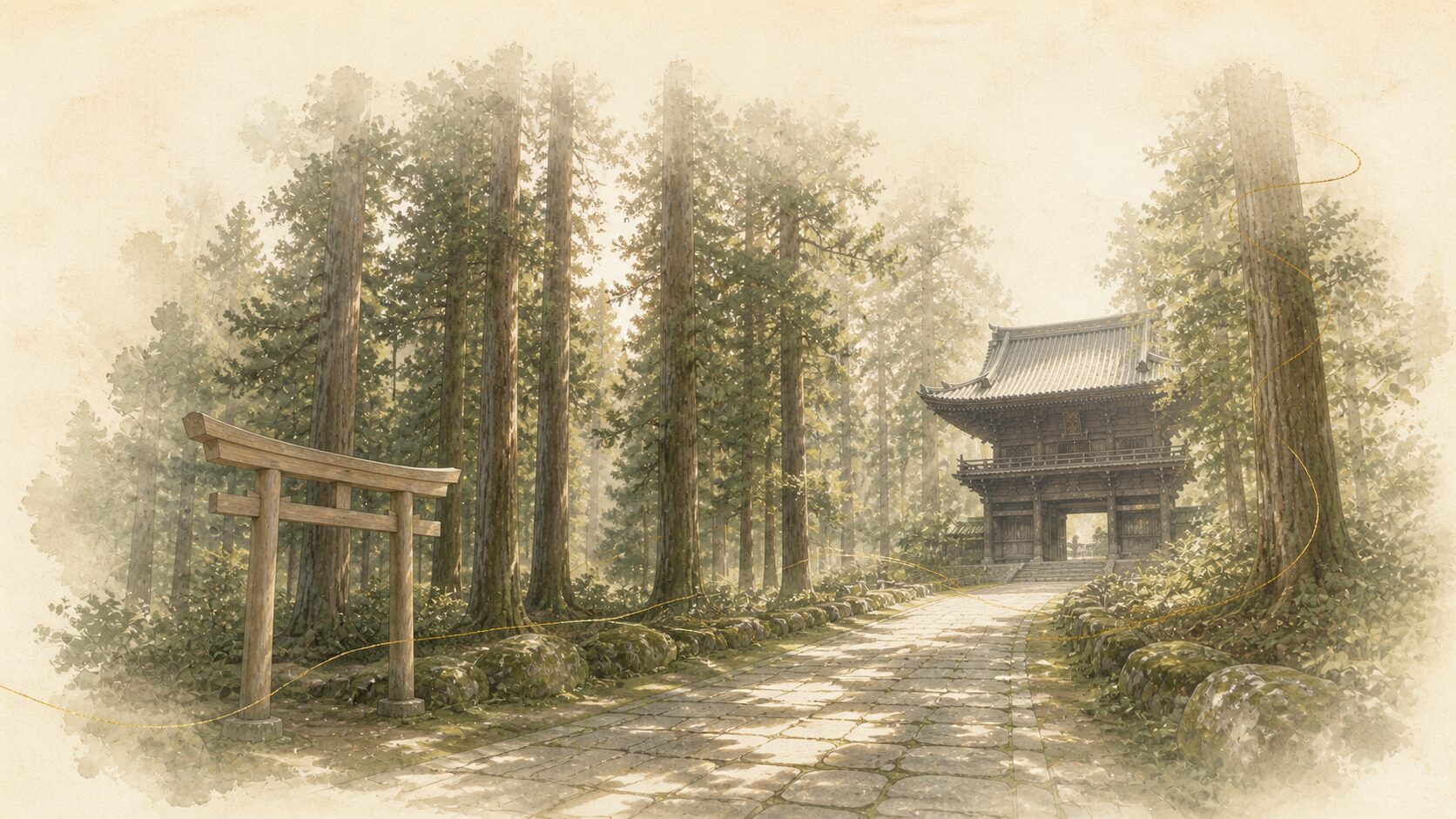 神仏分離以前の神社と寺院が同じ参道で共存していた歴史を象徴する風景。手前に神社の鳥居、奥に寺院の山門、両者を繋ぐ静かな参道