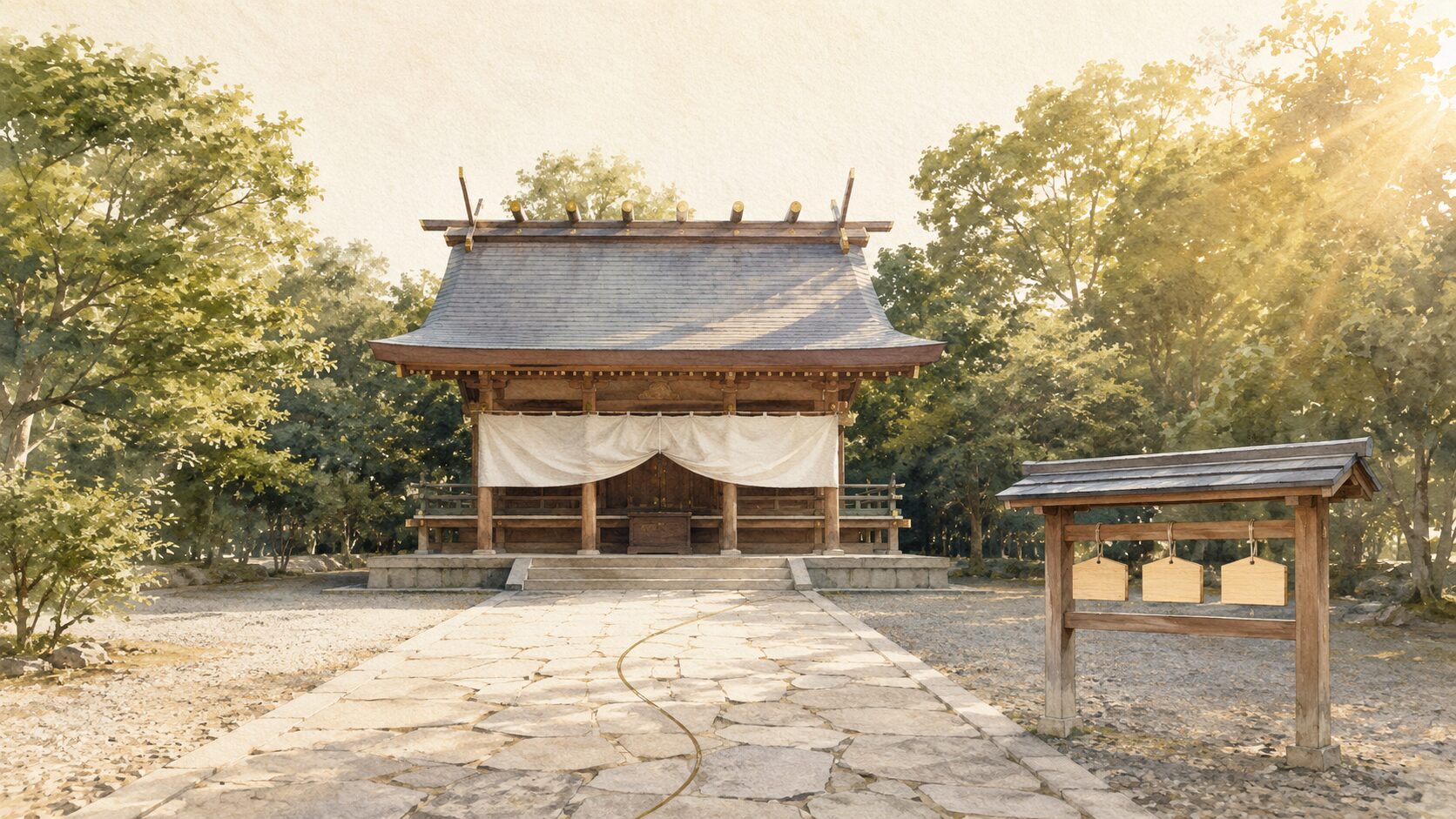 ivory washi 背景に painterly な神社拝殿の正面遠景。手前の石畳参道と絵馬掛け、奥の拝殿、両側の鎮守の森。祈りの場と願い事の場の住み分けを象徴