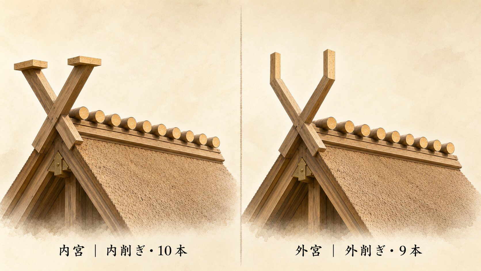 ivory washi 背景に painterly な伊勢神宮内宮(左・内削ぎ千木・鰹木10本)と外宮(右・外削ぎ千木・鰹木9本)の対比構図、唯一神明造の細部の違いを象徴