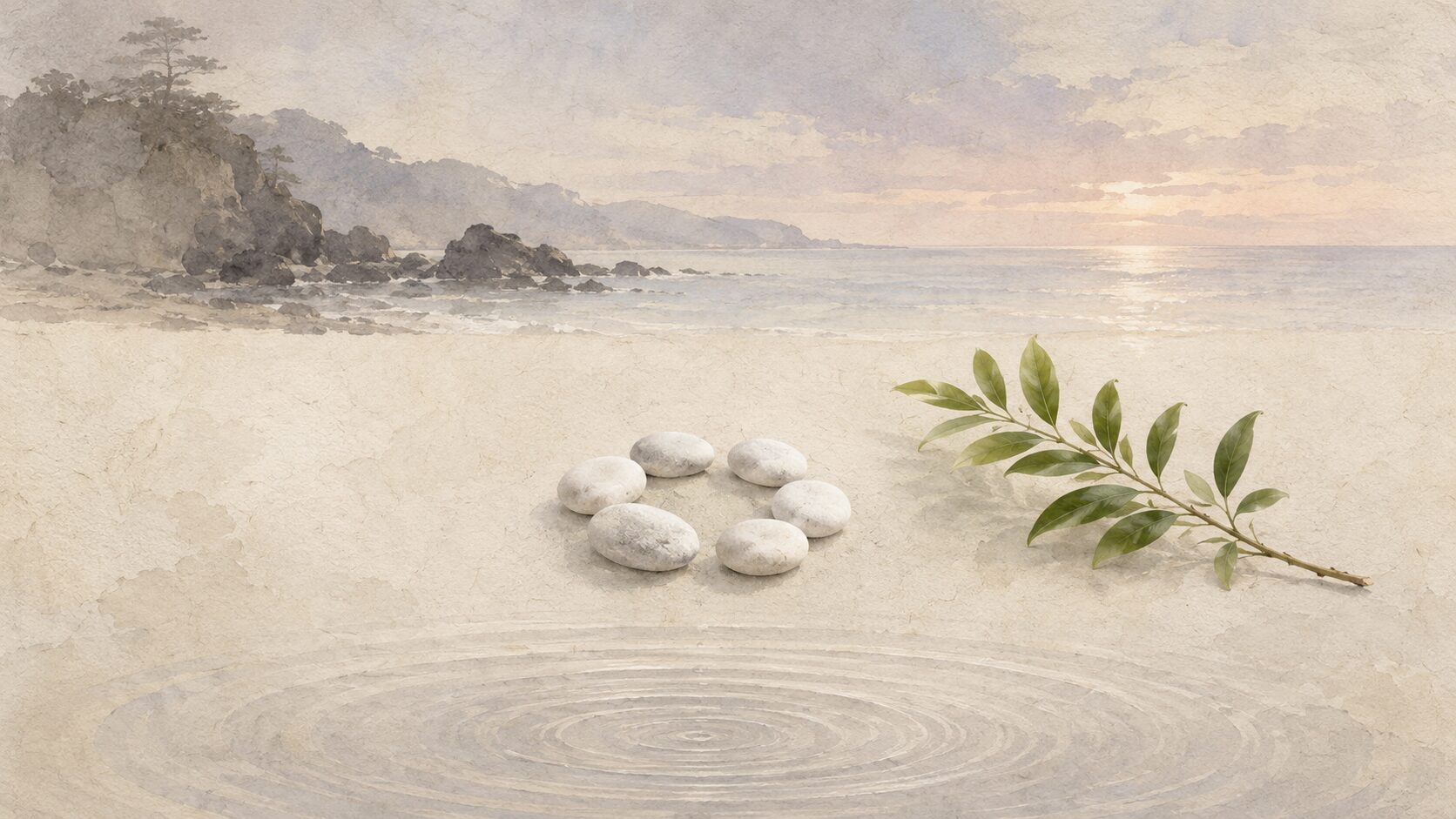 ivory washi の砂浜に painterly な白い玉砂利と古代の一枝の小枝・水面の波紋が静かに描かれた構図、五瀬命の追悼と紀伊半島迂回を象徴。暴力描写なし