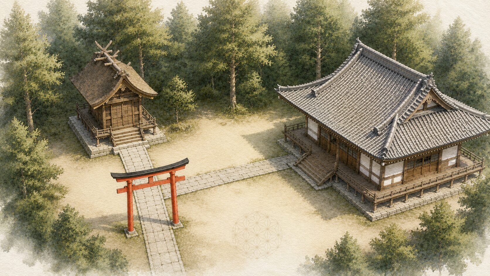 ivory washi 背景に painterly な俯瞰構図で、左の神社本殿と右の寺院本堂が同じ敷地内に隣接する景観。神社に附属する神宮寺と権現信仰の風景を象徴