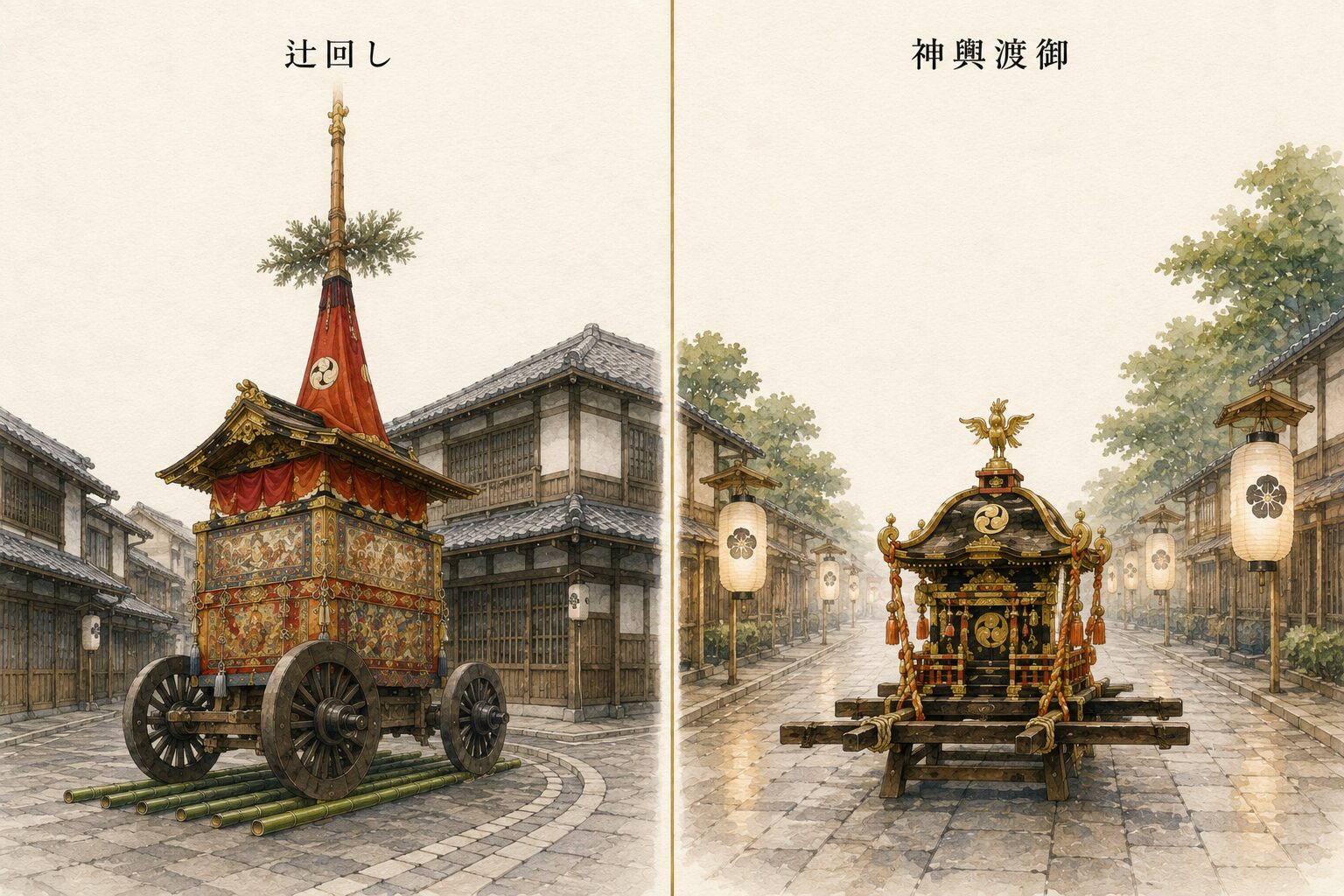 ivory washi 背景に painterly な 2 領域分割の場面画、左半分：交差点で 1 基の鉾が車輪の下に青竹を敷いて方向転換している場面のシルエット（辻回しを象徴）+ 上に小さな日本語ラベル「辻回し」、右半分：1 基の小ぶりな神輿が静かに進む場面のシルエット + 上に小さな日本語ラベル「神輿渡御」、中央に細い金の縦線で領域分け。山鉾巡行と神輿渡御の対比を象徴