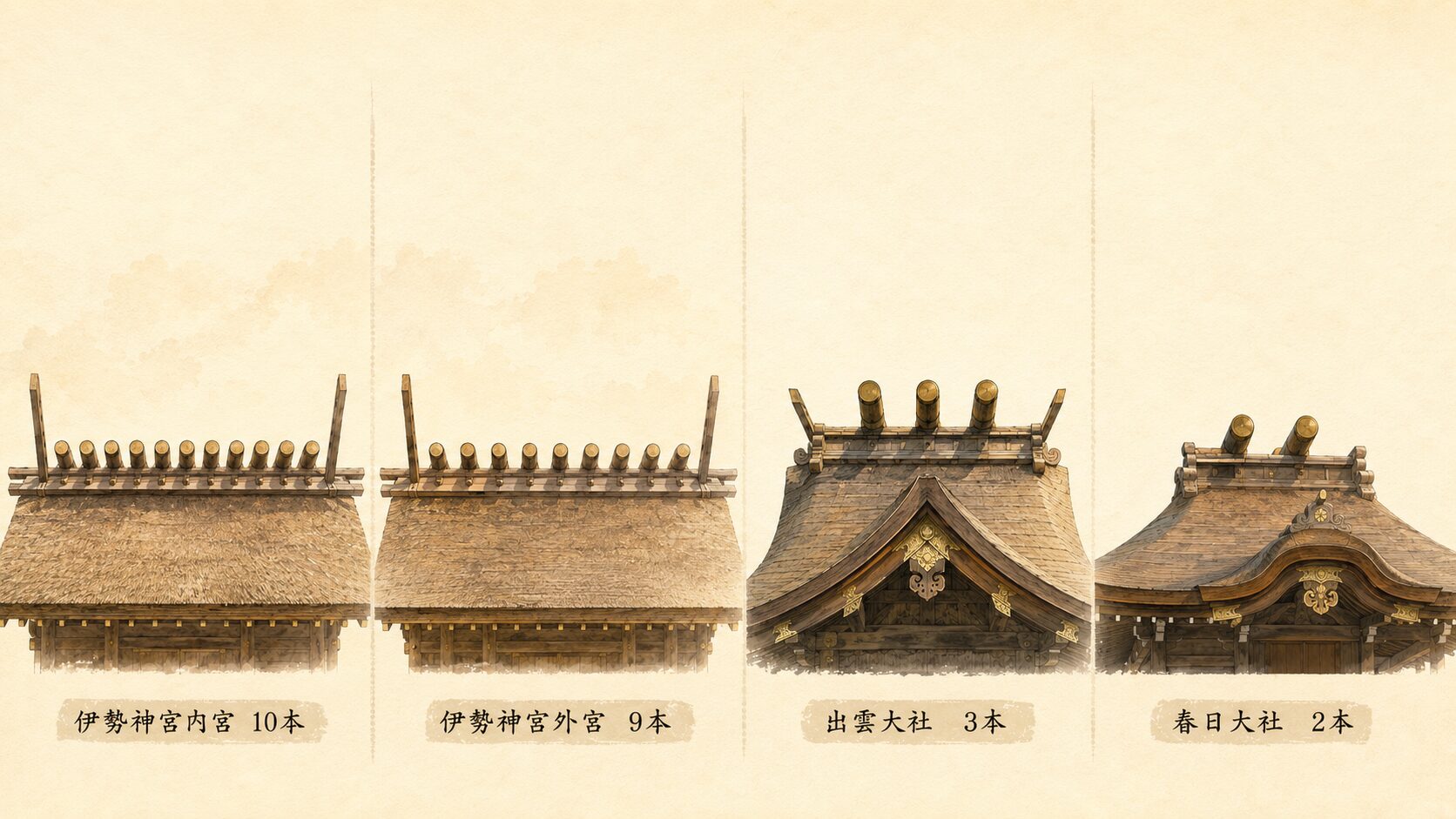 ivory washi 背景に painterly な4社の鰹木本数比較、伊勢神宮内宮10本・外宮9本・出雲大社3本・春日大社2本、神社ごとの本数バリエーションを視覚化