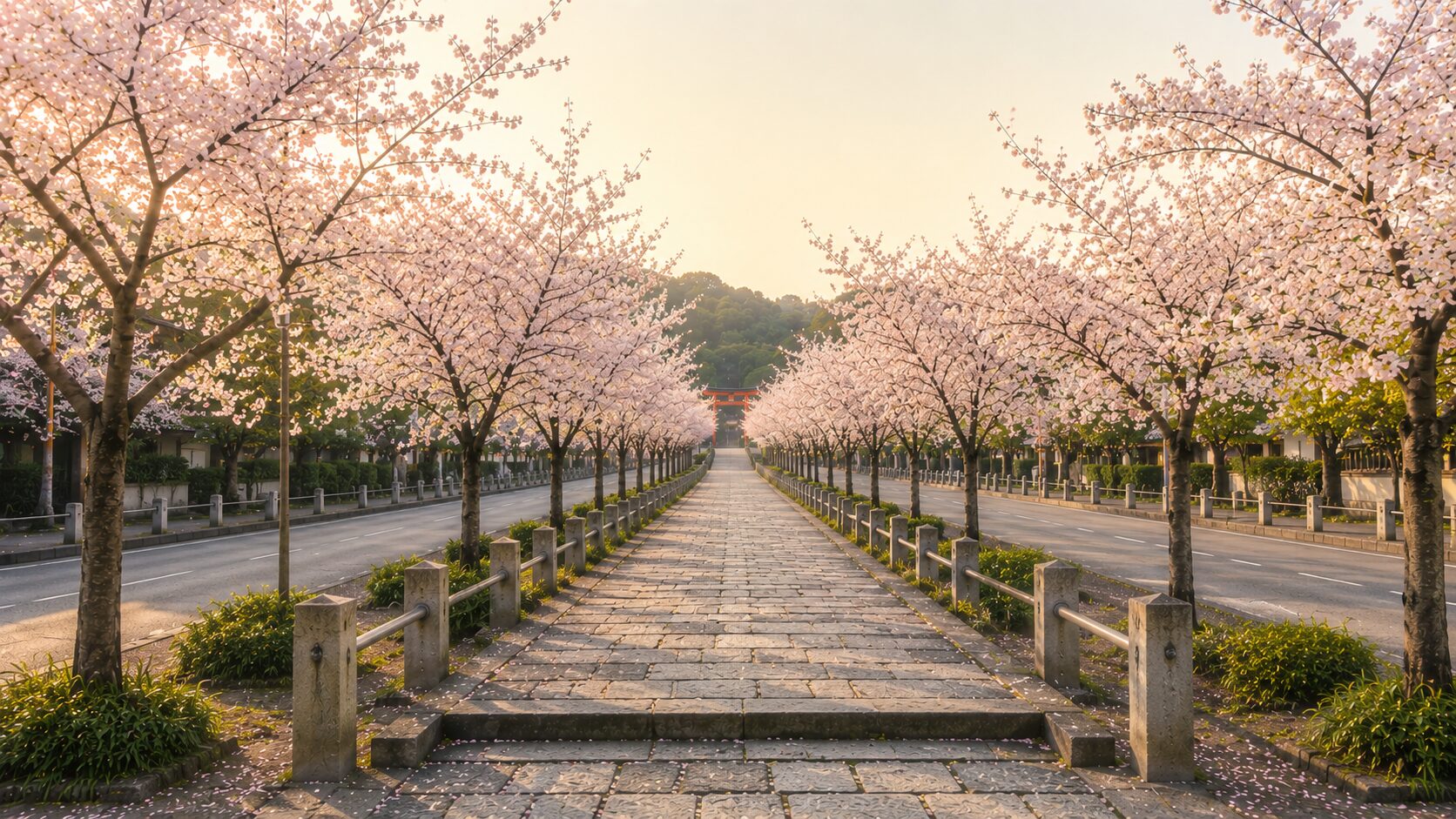 若宮大路の段葛と桜並木の春の painterly 風景。一段高い参道、両側に桜の木、奥に三の鳥居を配し、鎌倉駅から鶴岡八幡宮へ続く参道の見どころを表現