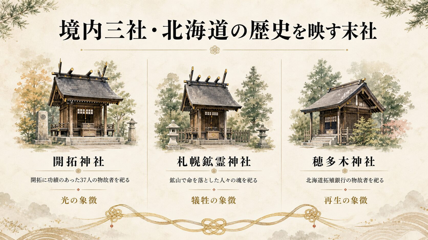 境内3末社（開拓神社・札幌鉱霊神社・穂多木神社）を3列に並べ、それぞれの社殿 painterly icon と象徴（開拓・鉱山・銀行）を配した一覧構図、3 社を結ぶシャンパン金の組紐風曲線が下部に