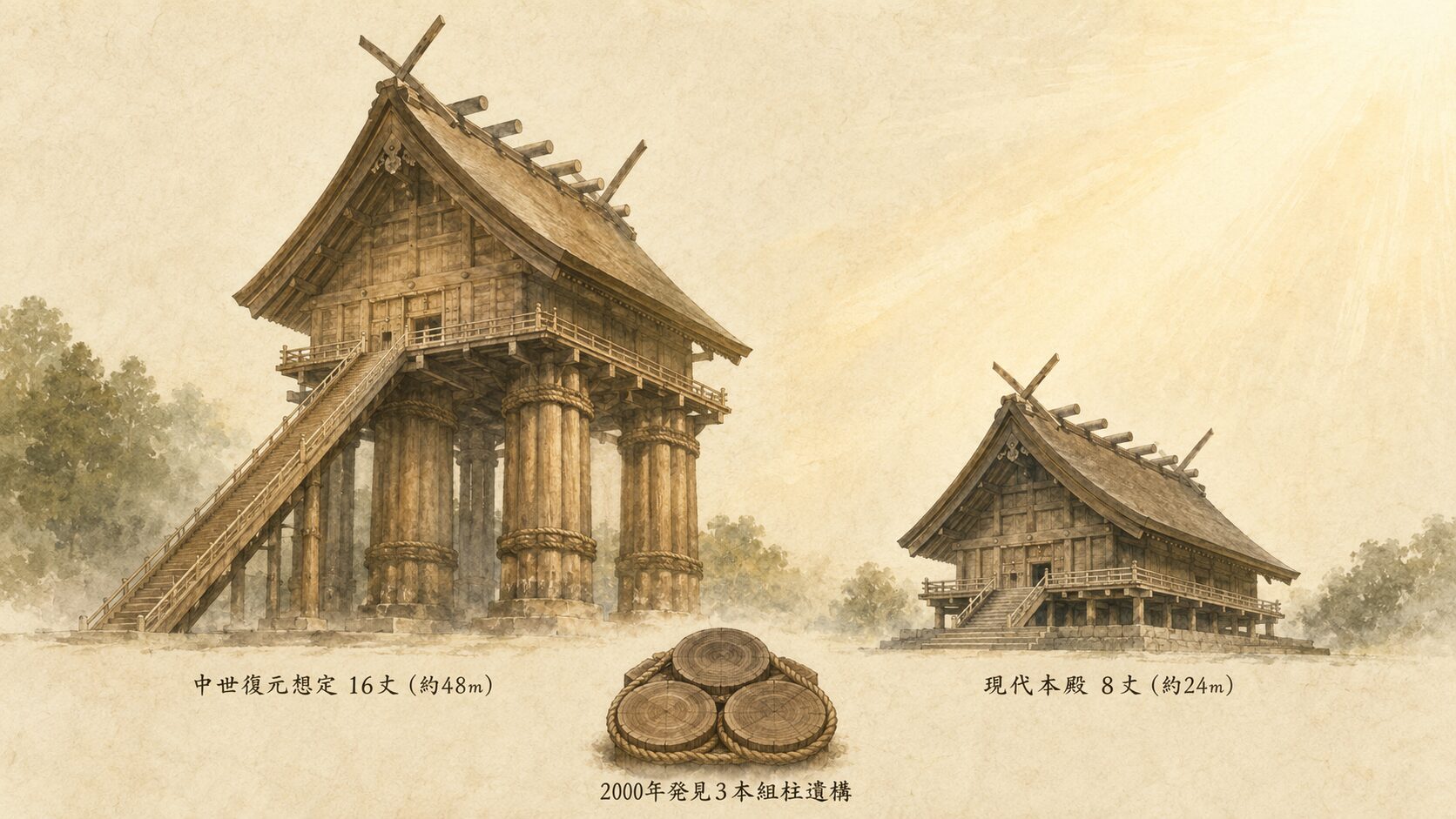 ivory washi 背景に painterly な中世16丈巨大本殿(左)と現代24m本殿(右)の対比構図、下に2000年発見の3本組巨大柱遺構、古代巨大本殿の謎を象徴