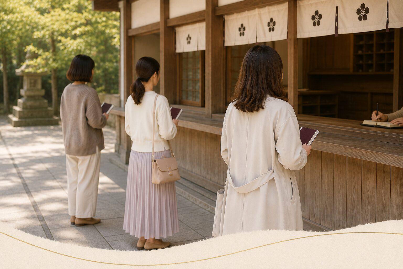 ivory washi 背景に painterly な社務所前で静かに並ぶ3人の参拝者(背中向き、顔不可視、現代的な落ち着いた服装)、それぞれが御朱印帳を手に持ち、適度な距離を保って整列している。書き手の方は画面奥に手元のみ見える