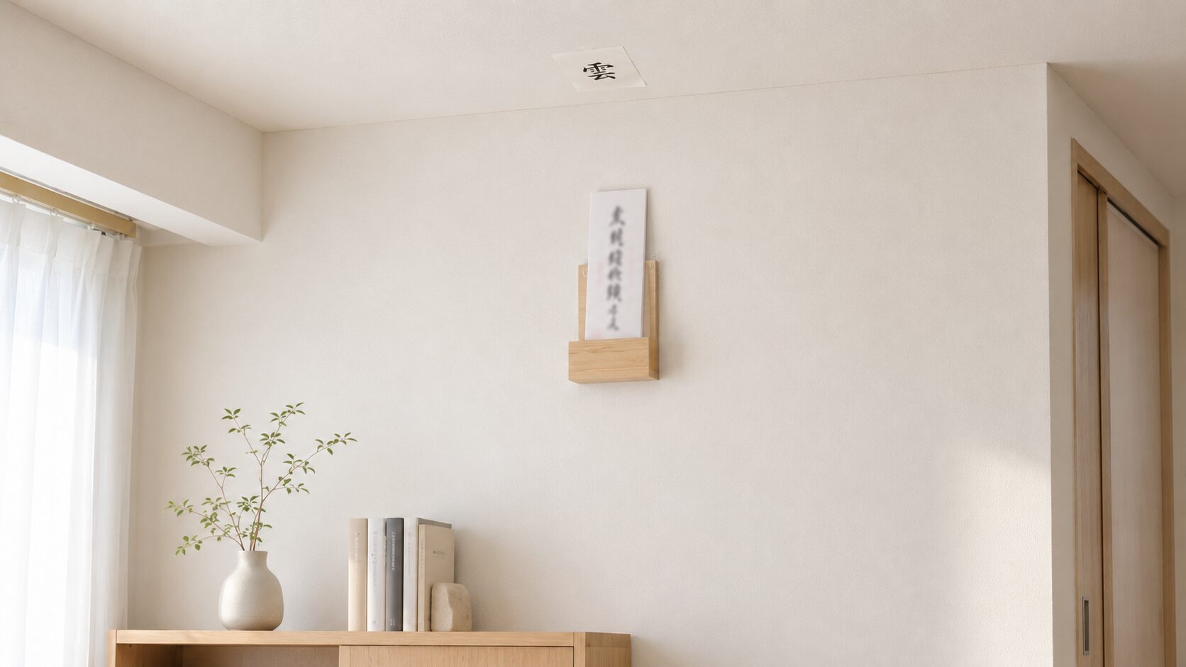 ivory washi 背景に painterly な現代マンションの北欧テイストのリビング、薄型壁掛けタイプのお札立てに1枚の神札が立てかけられ、天井に小さな半紙の「雲」字が貼られた構図、自然光が窓から差し込む現代の家庭祭祀の象徴