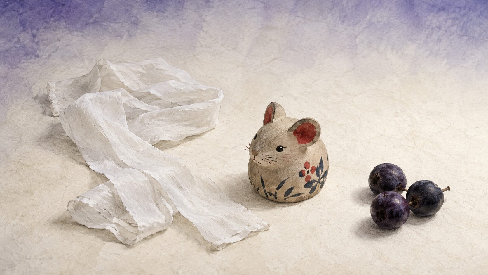 ivory washi 卓上に painterly な白い比礼(肩掛けの布)・郷土玩具風の小さな鼠の人形・椋の実が静かに置かれた構図、スセリヒメの援助と根の堅州国の試練を象徴