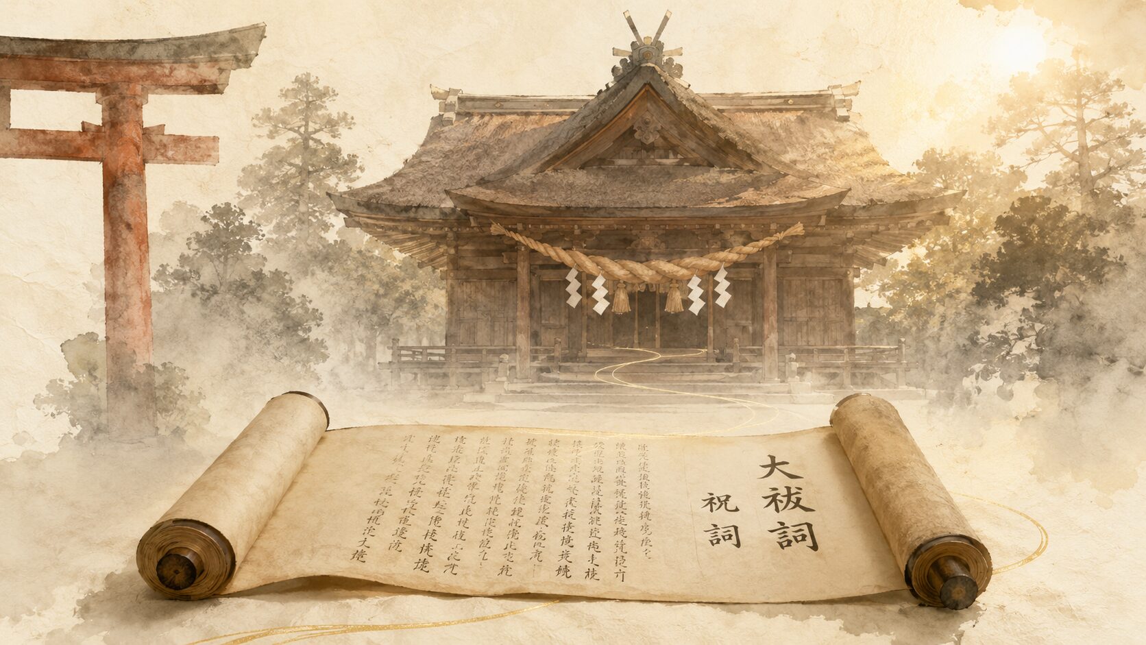 ivory washi 背景に painterly な祝詞の巻物(半開き)が中央に置かれ、奥に神社の本殿のシルエットと注連縄飾り、整えられた言葉による儀礼を象徴する構図