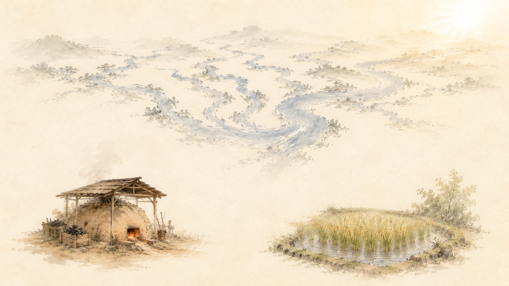 ivory washi 背景に painterly な3要素の抽象構図、上半分に斐伊川の分かれて流れる支流、左下にたたら製鉄の静かな炎、右下に稲田の広がり、ヤマタノオロチの正体をめぐる諸説を象徴