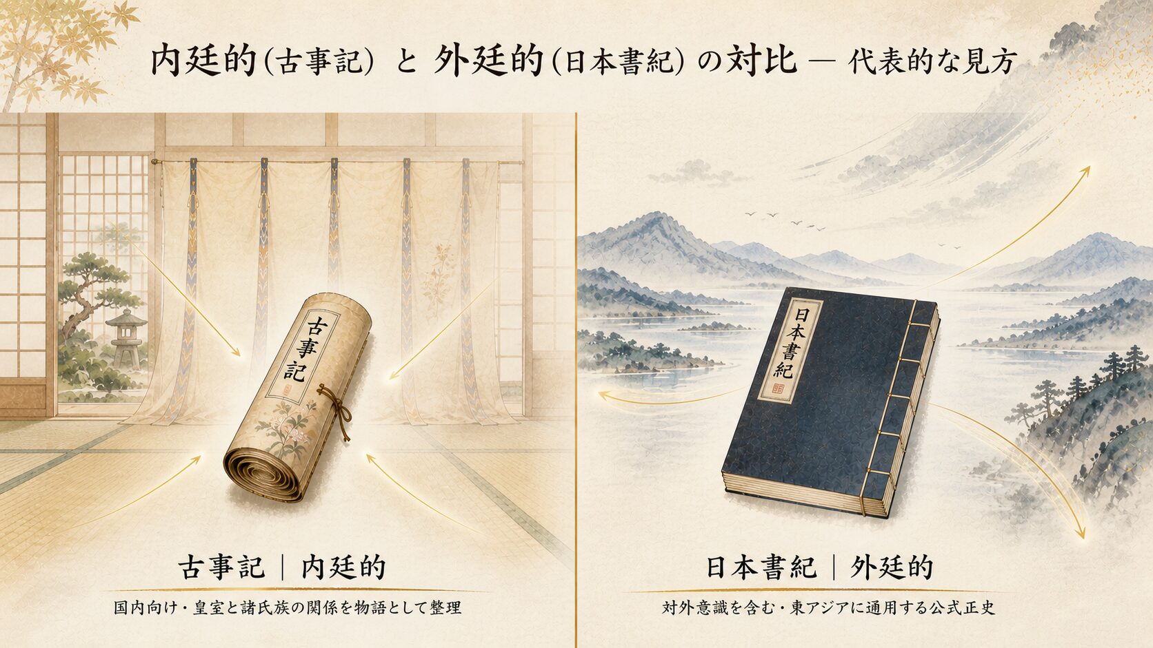 古事記の『内廷的(国内向け)』と日本書紀の『外廷的(対外意識を含む)』を左右パネルで対比した概念図。左に和紙・几帳の宮中空間、右に漢文体・大陸的な広がり