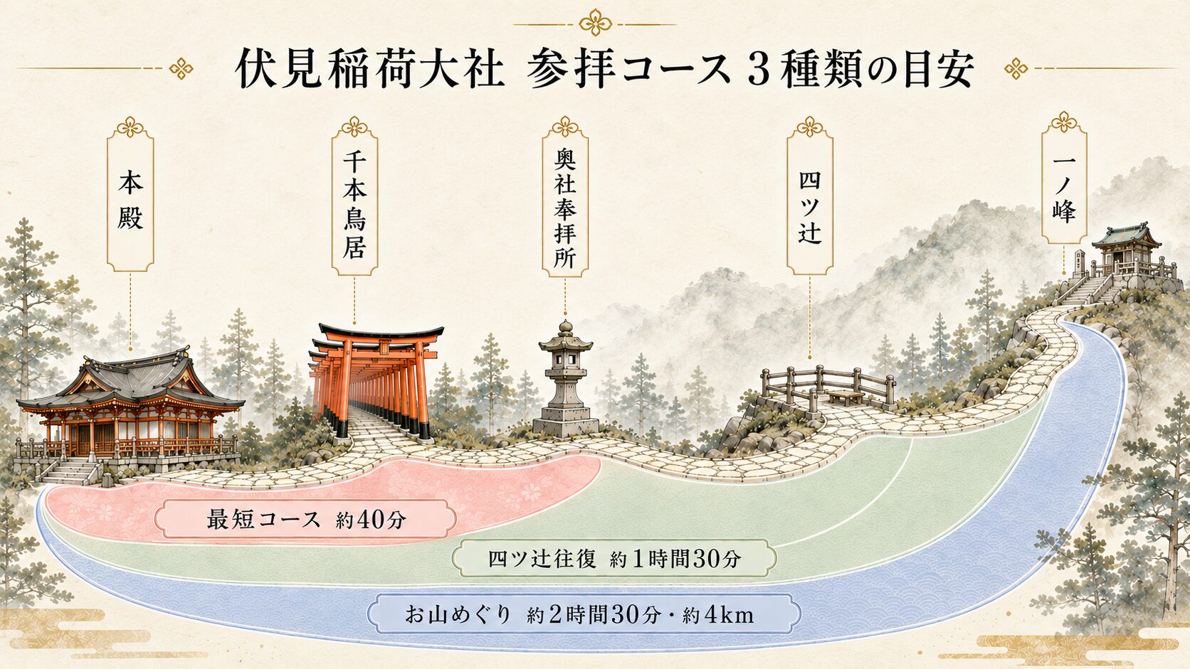 伏見稲荷大社の参拝コース3種類（最短40分・四ツ辻往復1時間30分・お山めぐり2時間30分）を稲荷山の参道に色分けで示した概念図