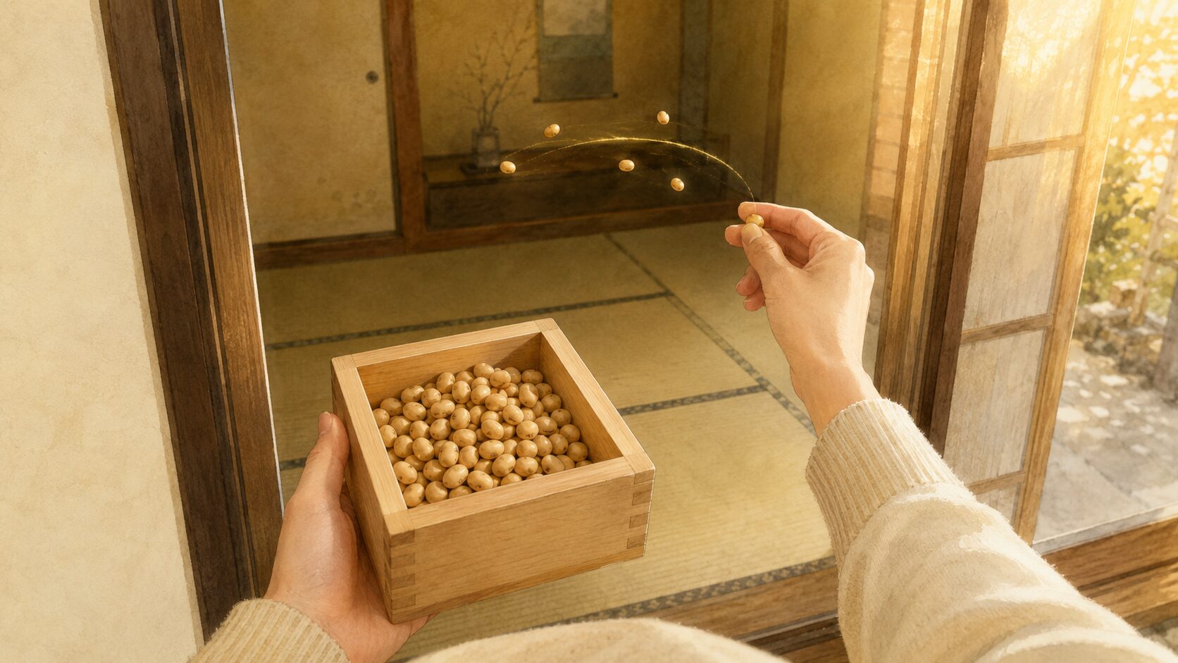 現代の和室の戸口で、painterly な木の升を左手で持ち、右手で炒り大豆をすくって撒く手元のクローズアップ、夕方の柔らかな光、自分視点(肩より下のみ・顔不可視)