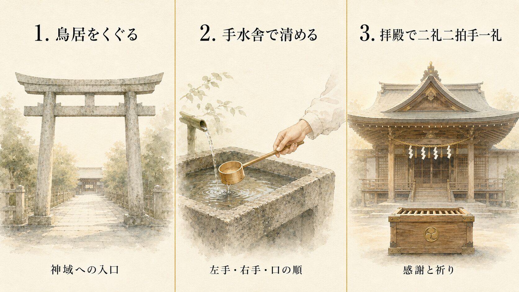 参拝の3ステップ(鳥居・手水舎・拝殿)を3列の painterly アイコンで対比したインフォグラフィック
