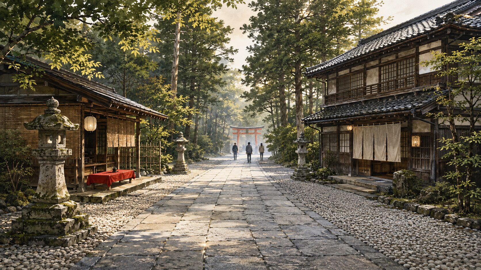 ivory washi 背景に painterly な参道の遠景。手前の石畳参道、右に木造の宿坊、左に縁台のある茶屋、点在する石灯籠、奥に朱色鳥居。信仰と暮らしが交わる参道の構造を象徴