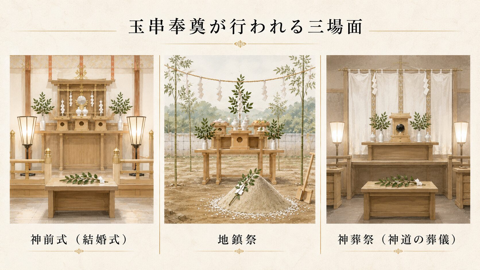 玉串奉奠が行われる3場面（神前式・地鎮祭・神葬祭）を3パネルで対比視覚化した概念図