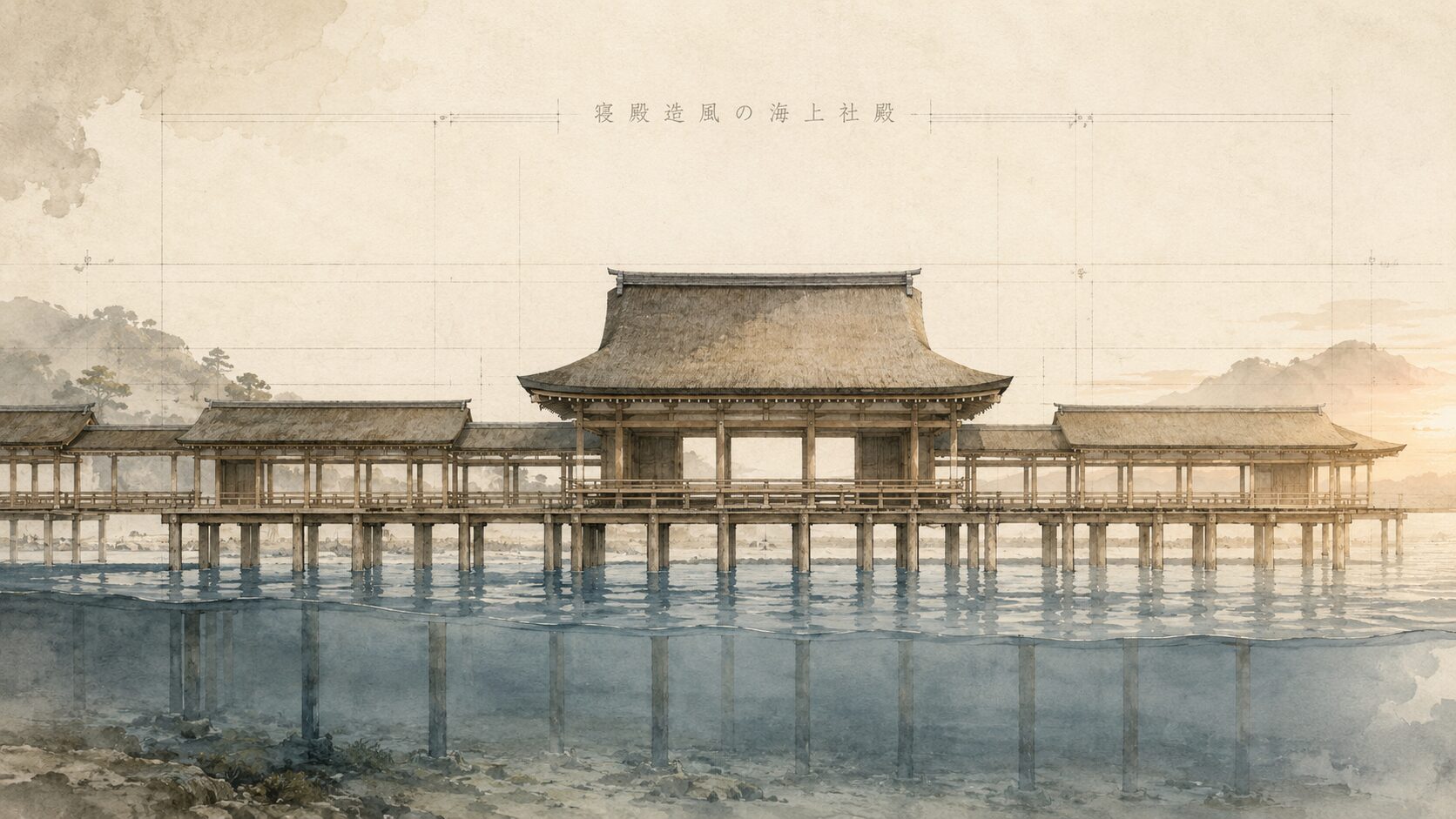 ivory washi 背景に painterly な厳島神社の寝殿造風海上社殿の建築図解、中央の本殿と左右の回廊、床束で海面上に持ち上がった構造、寝殿造風の構成を象徴