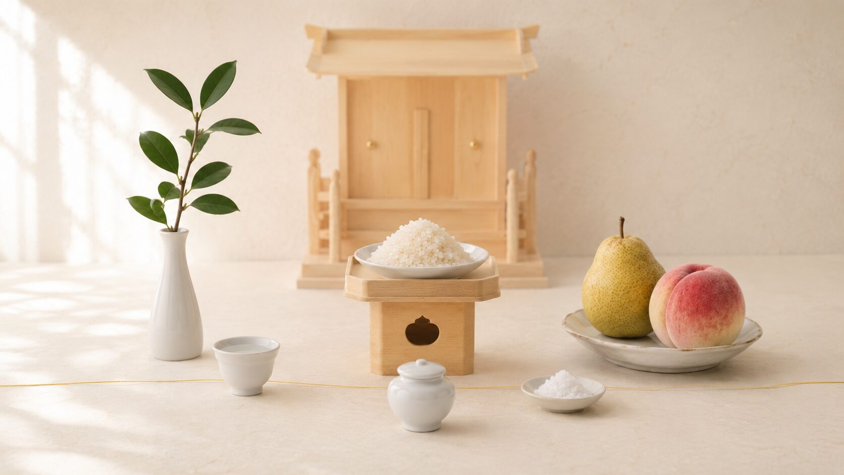 ivory washi 背景に painterly な御霊舎(みたまや)の手前の祭壇イメージ。中央に三方(さんぼう)に盛られた洗米 1 皿、両側に白い盃のお神酒 1 杯・小皿の塩 1 杯、手前に水入れ 1 杯、左奥に榊 1 本を立てた小さな白い花瓶、右奥に季節の果物(梨と桃を 1 個ずつ)が小皿に並ぶ。御霊舎本体は奥に薄く描かれ、神饌が主役となる構成