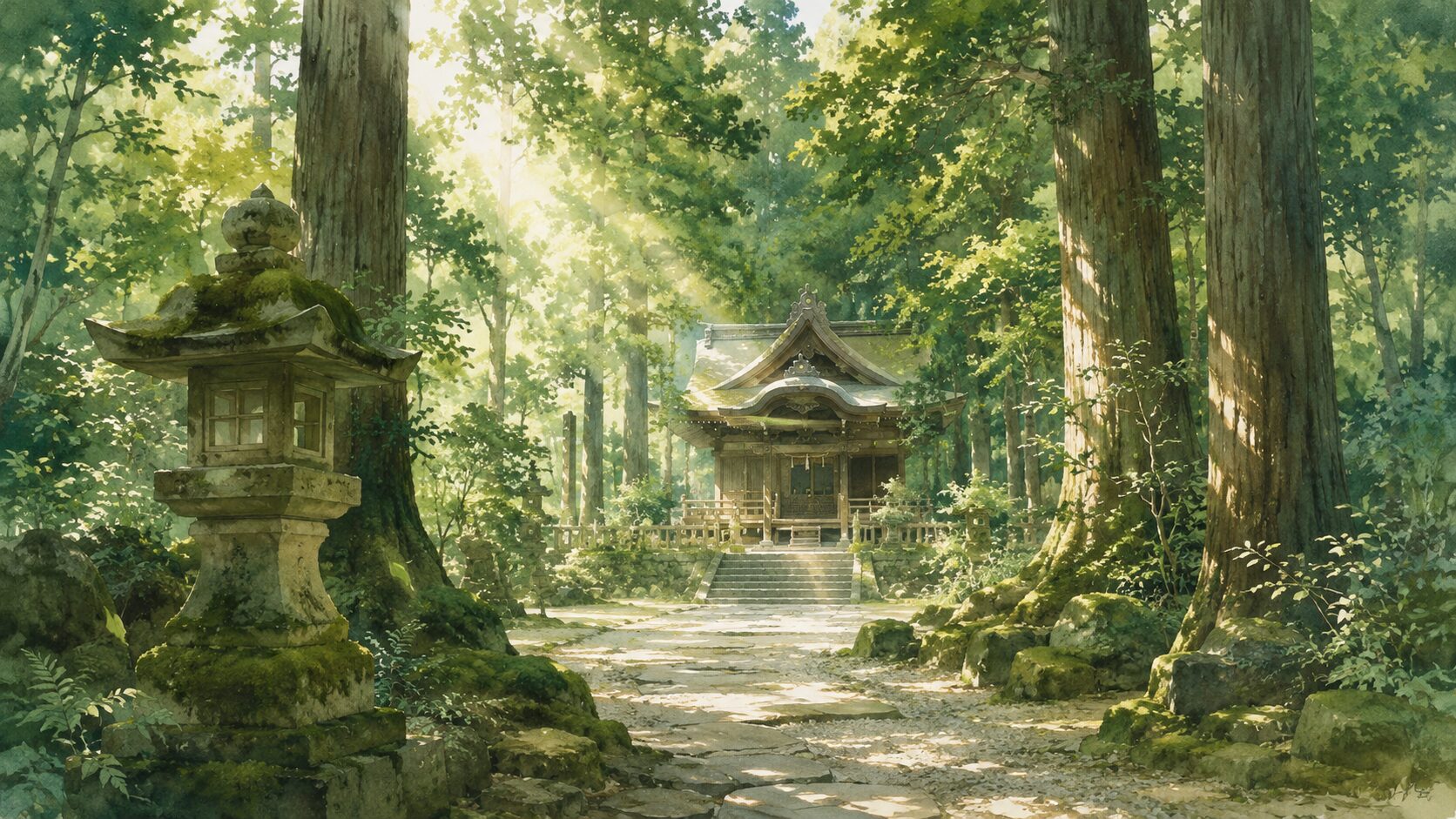 鎮守の杜を象徴する painterly 風景。神社の社殿と深い常緑樹の森、苔むした石灯籠、木漏れ日に照らされた参道で、自然との共生という神道の世界観を表現