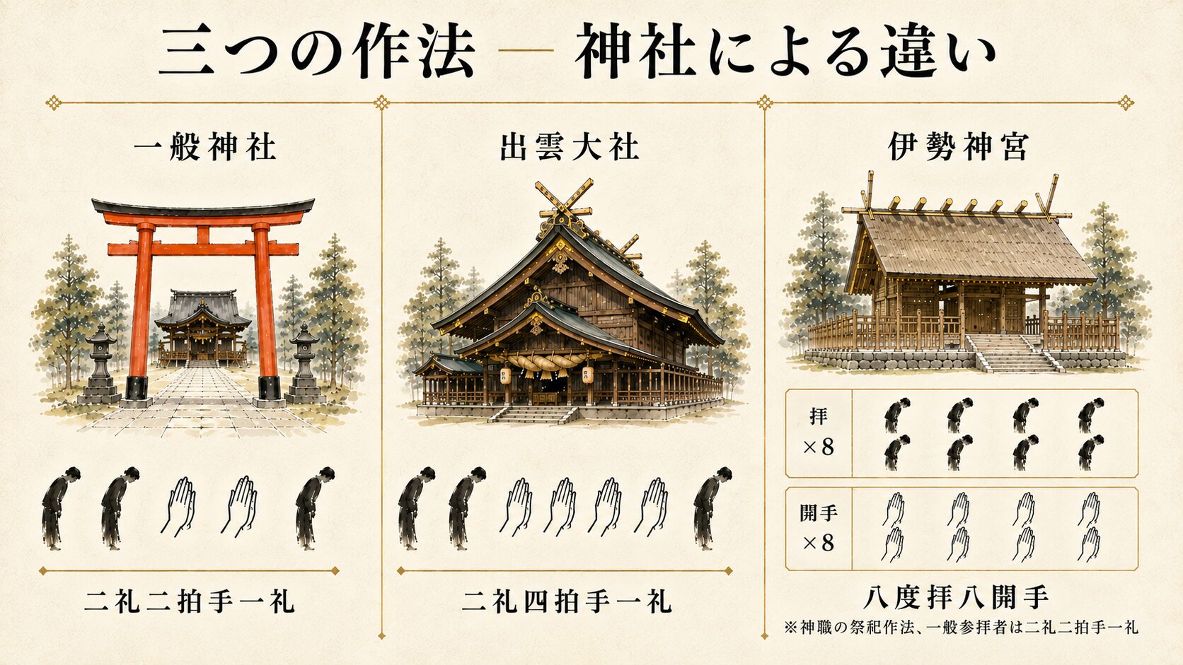 三つの神社作法の比較 — 一般神社の二礼二拍手一礼、出雲大社の二礼四拍手一礼、伊勢神宮の八度拝八開手を3列でアイコン化して並べたインフォグラフィック