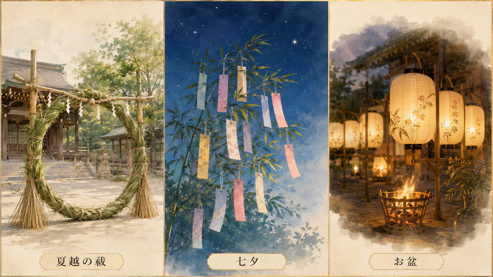 夏の年中行事（夏越の祓・七夕・お盆）を象徴的に視覚化した painterly 図解。茅の輪・笹の短冊・提灯と迎え火を配し、夏の祭祀の流れを表現