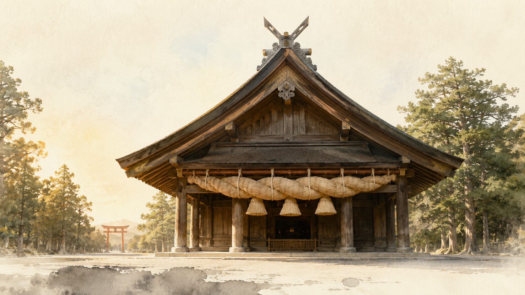 ivory washi 背景に painterly な神社境内の遠景。中央に大社造の高い屋根と太い大注連縄、奥に朱色鳥居遠景、両側の鎮守の森。大社号を称する神社の世界観を象徴