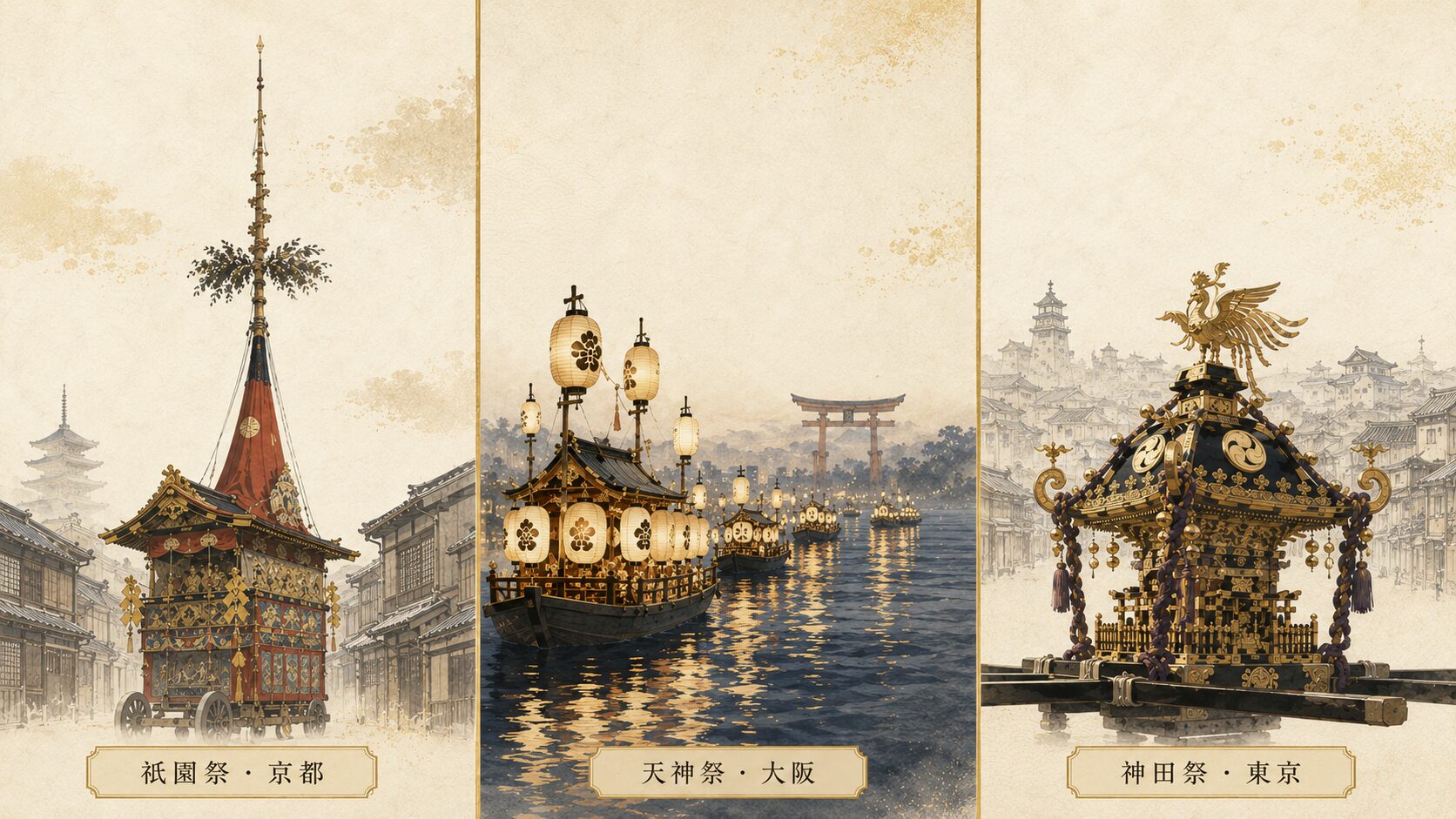 日本三大祭り（祇園祭・天神祭・神田祭）を3パネルで対比視覚化した painterly 図解。各パネルに祭りの象徴的シーンと地域名ラベル