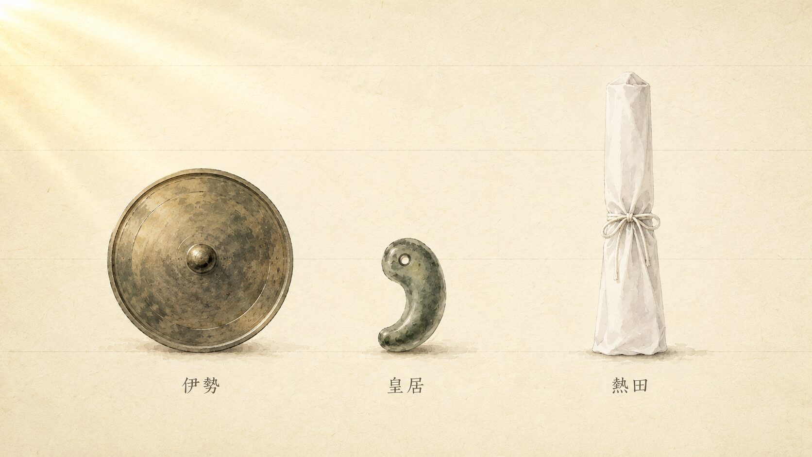 ivory washi 背景に painterly な丸い鏡・勾玉・布で包まれた直刀の3つの神器を横並びに配し、それぞれの下に伊勢・皇居・熱田を示す薄い墨書きを添えた構図、三種の神器の所在を象徴